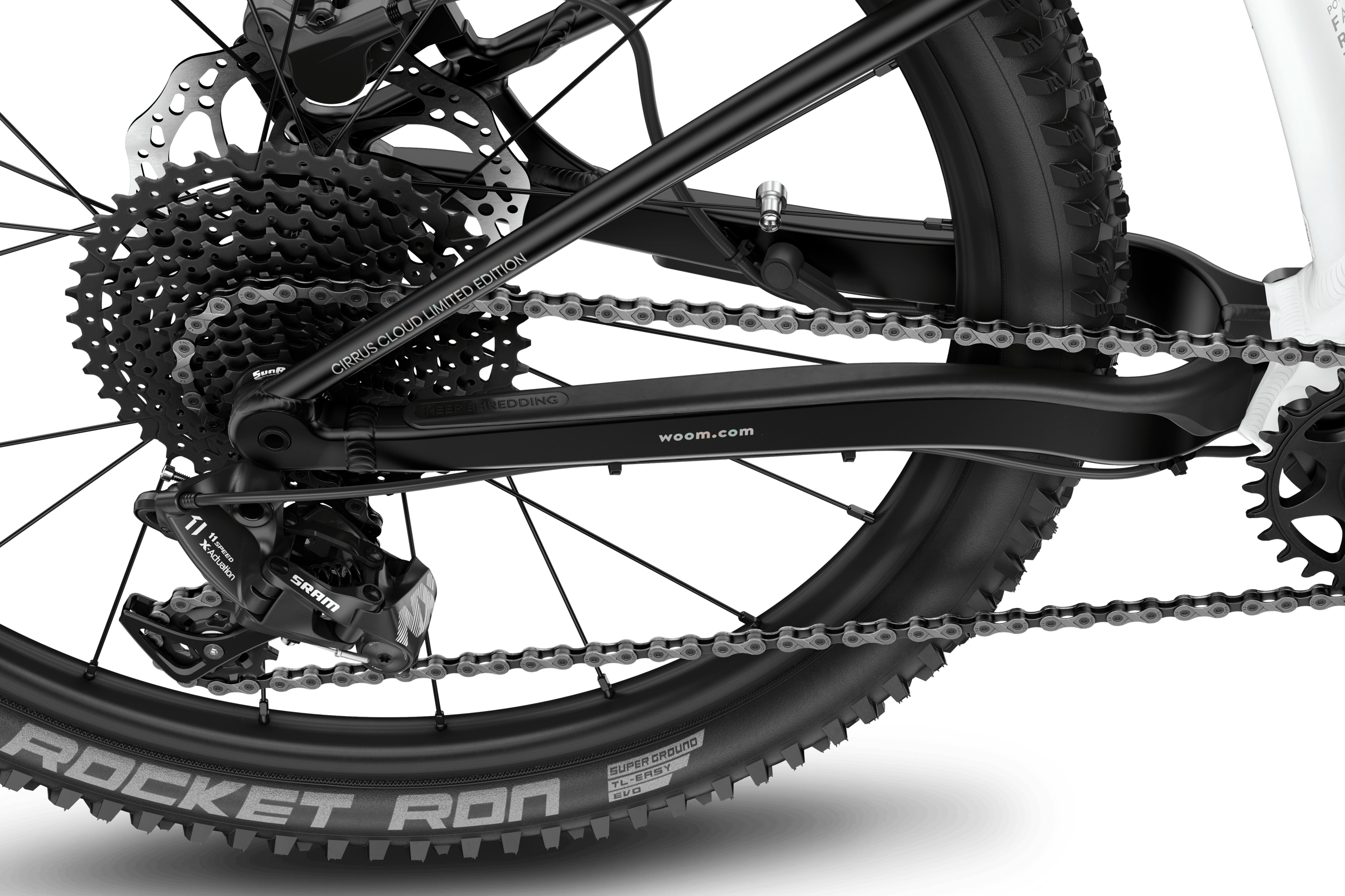 Detailansicht des SRAM NX Schaltwerks am woom UP 6 E-Mountainbike für Kinder ab zehn Jahren.