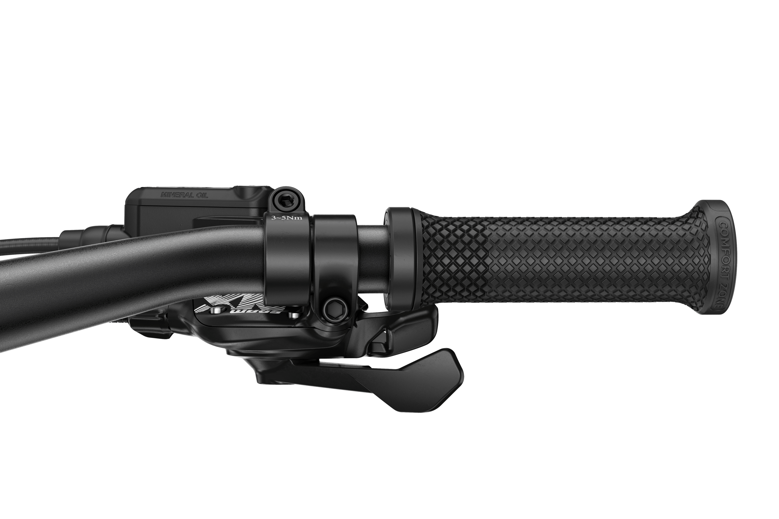 Detailansicht des rechten Griffs mit Schalthebel am woom UP 6 E-Mountainbike für Kinder.