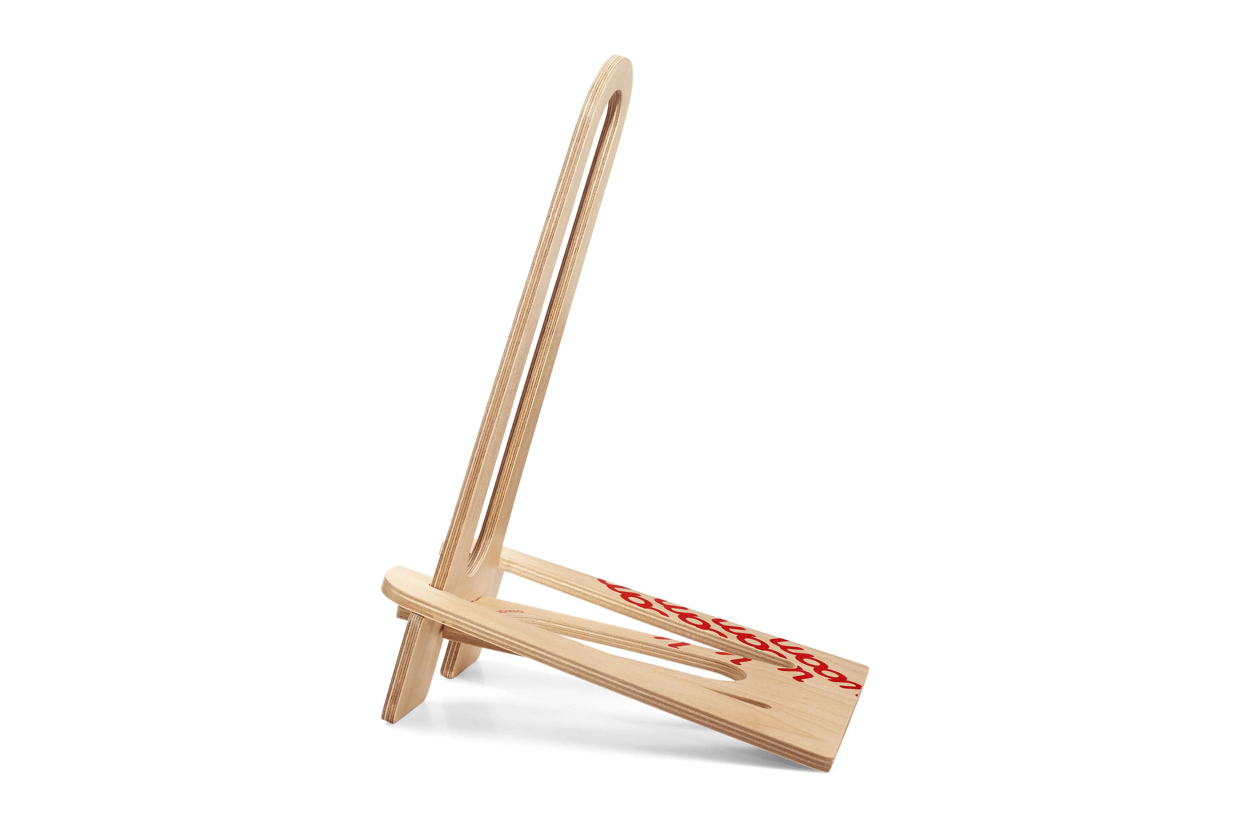 woom DOCK birch plywood bike stand with red logo print isolated on a white background