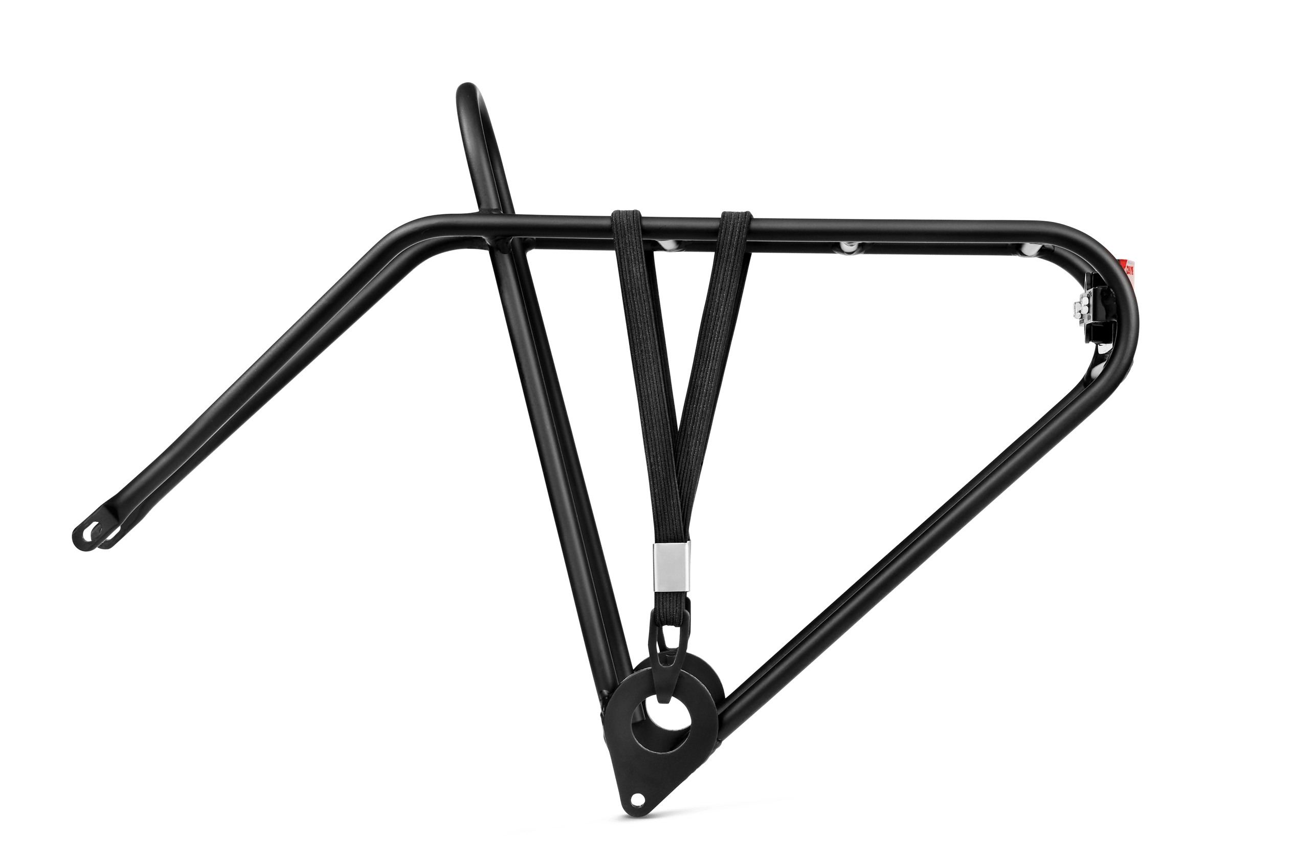 Black luggage carrier with red reflector for the rear wheel on the woom bike.
