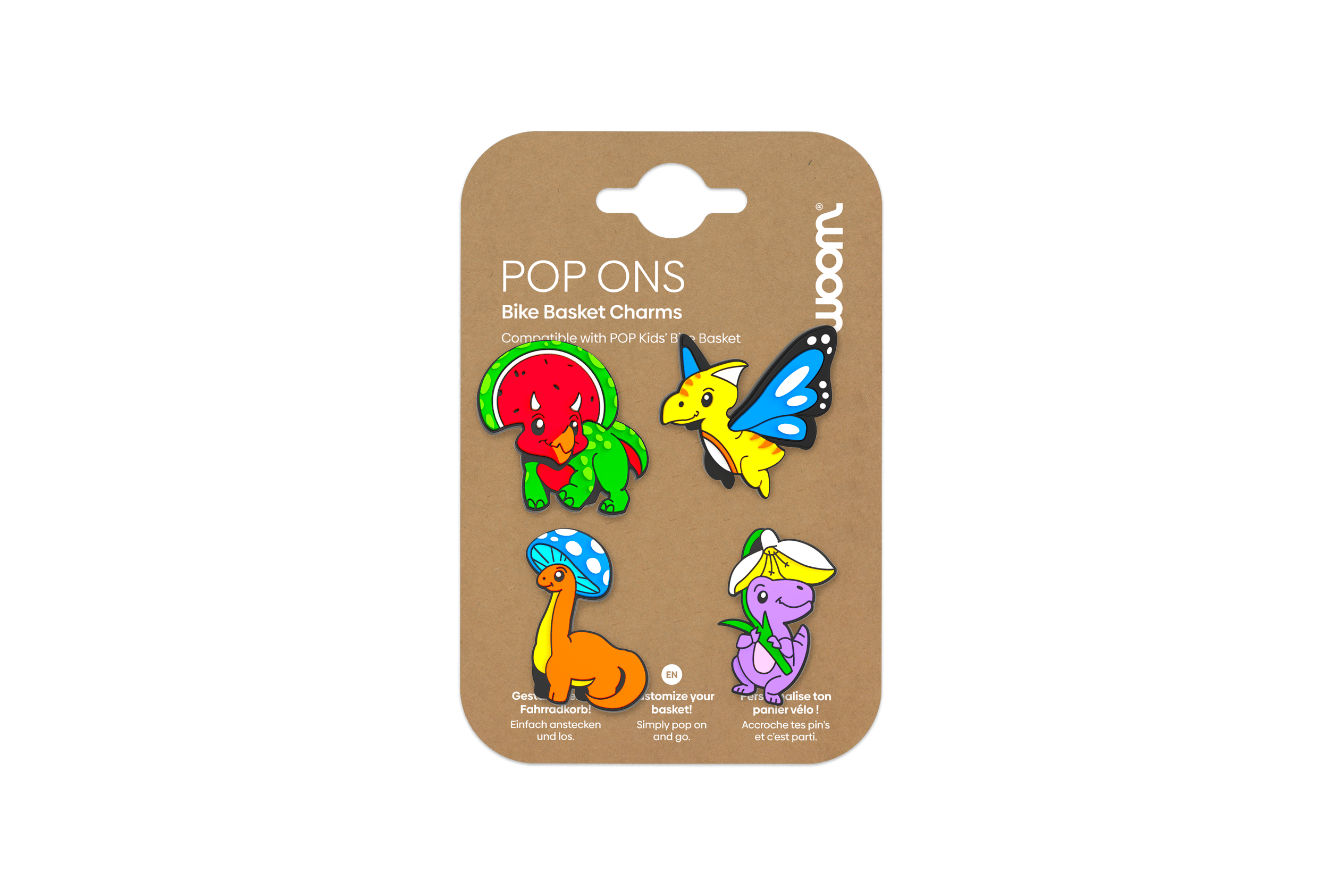 Four colorful woom POP ONS dinosaur charms on cardboard packaging.