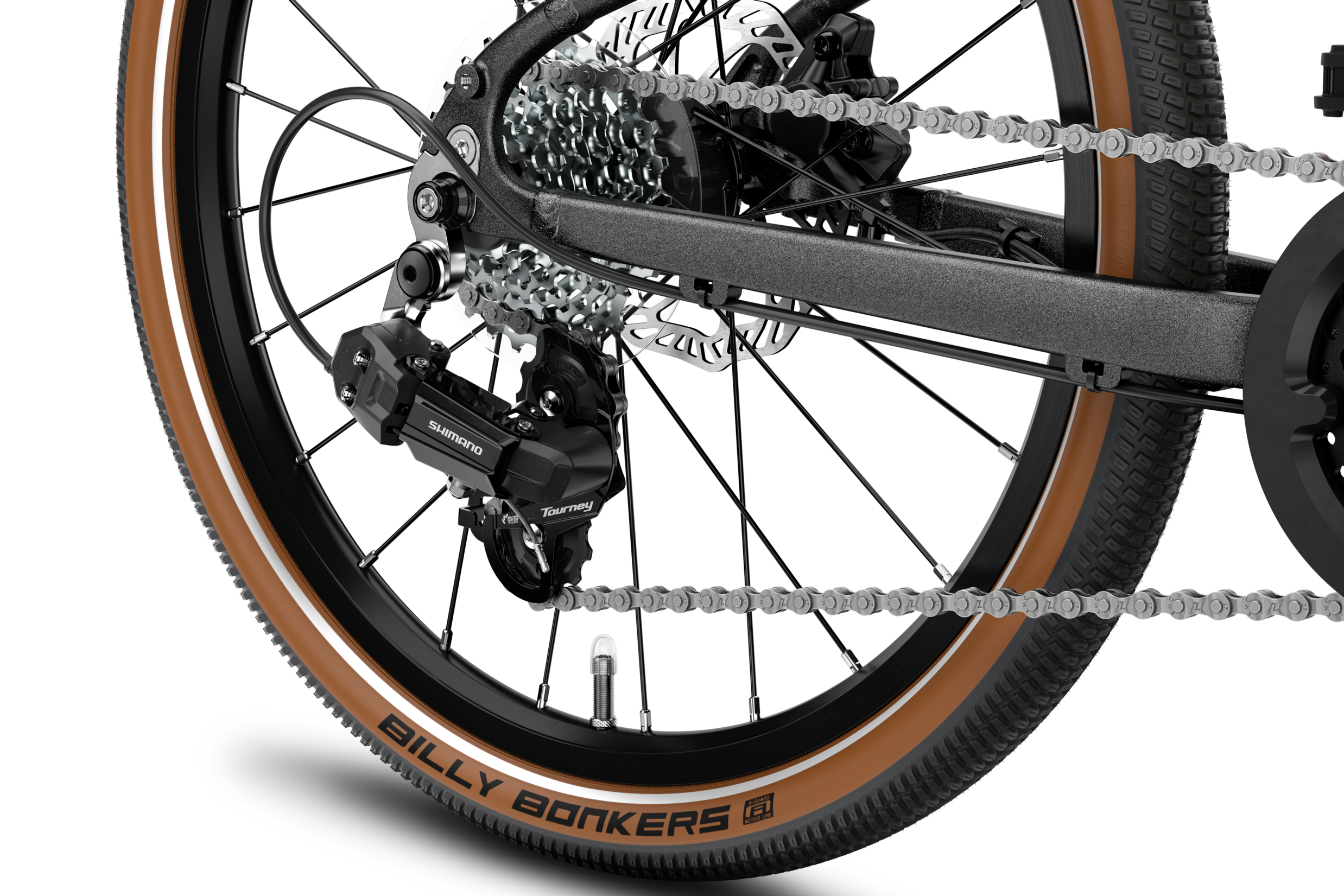 Detailaanzicht van het achterwiel van de kinderfiets woom EXPLORE 4, met cassette en Shimano-schakelmechanisme.