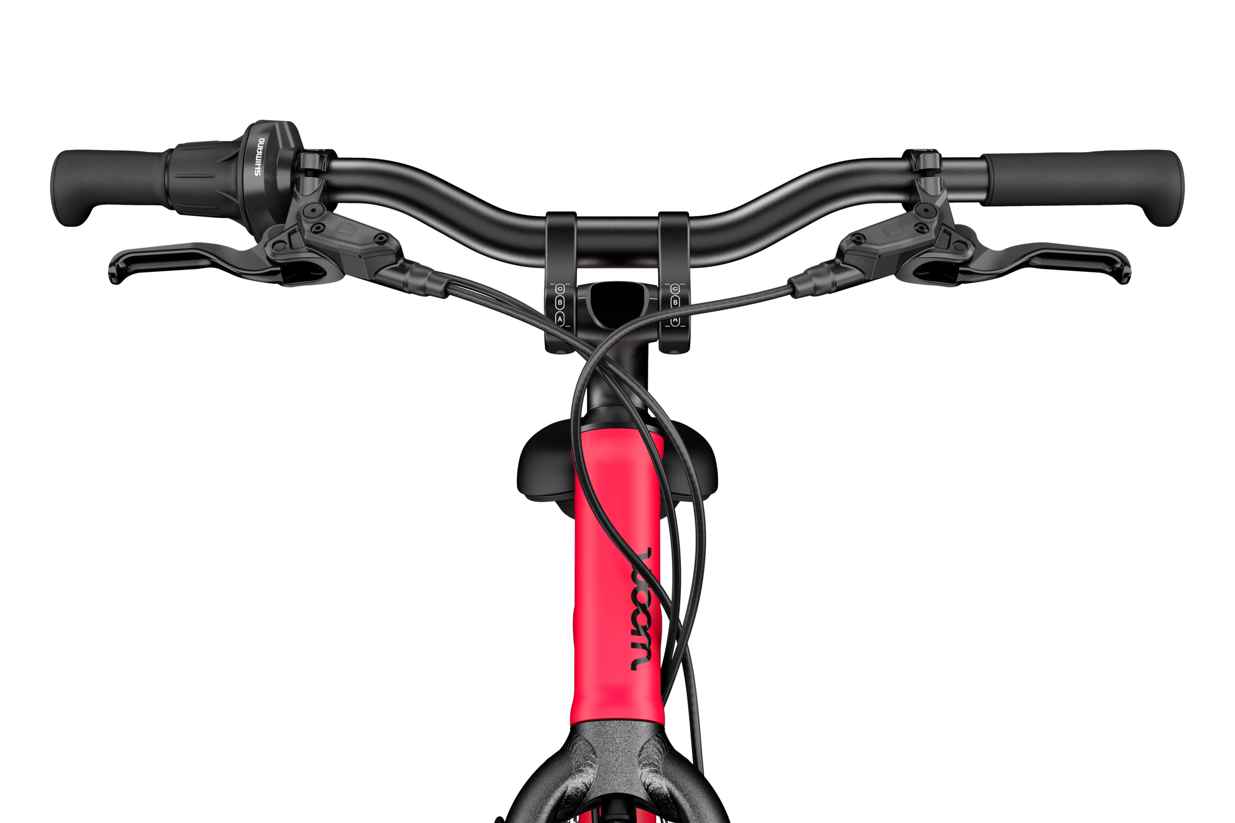 Frontaal detailaanzicht van de balhoofdbuis, de voorbouw, het stuur en de handgrepen van de kinderfiets woom EXPLORE 4.