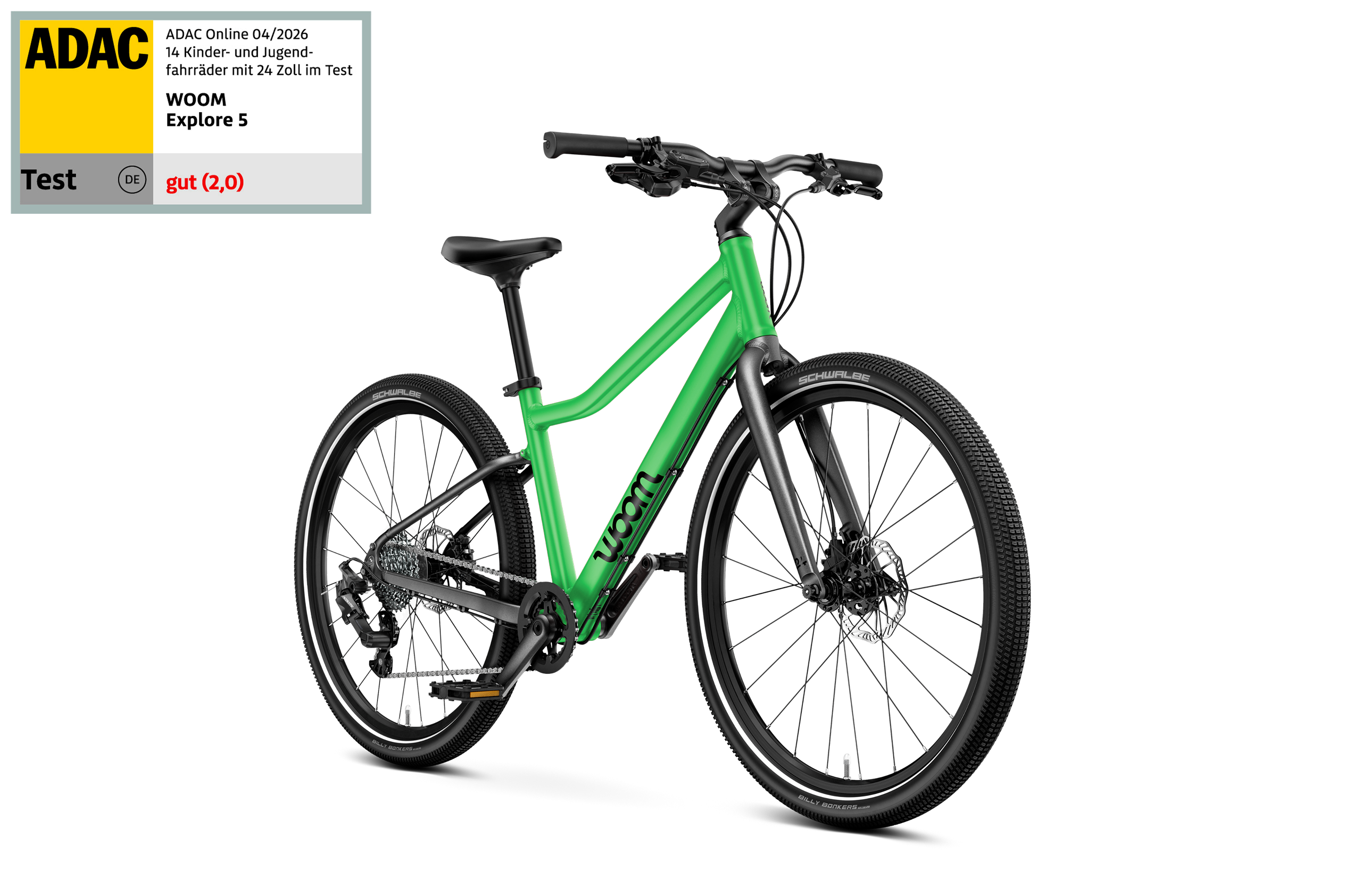 Seitliche Frontansicht des woom EXPLORE 5 Kinderfahrrads für Kinder ab sieben Jahren.