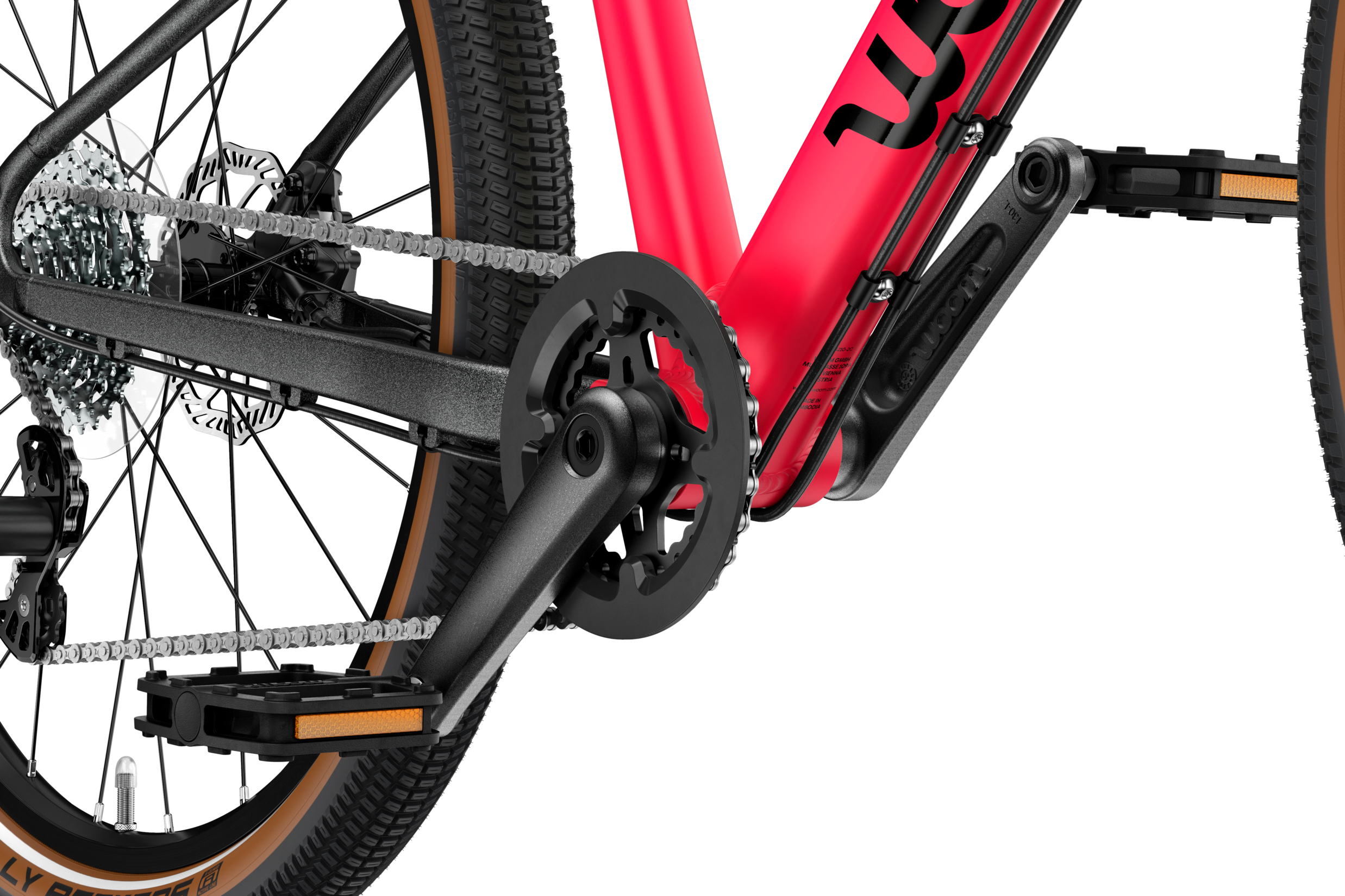 Detailaanzicht van crank en pedalen van de kinderfiets woom EXPLORE 5.