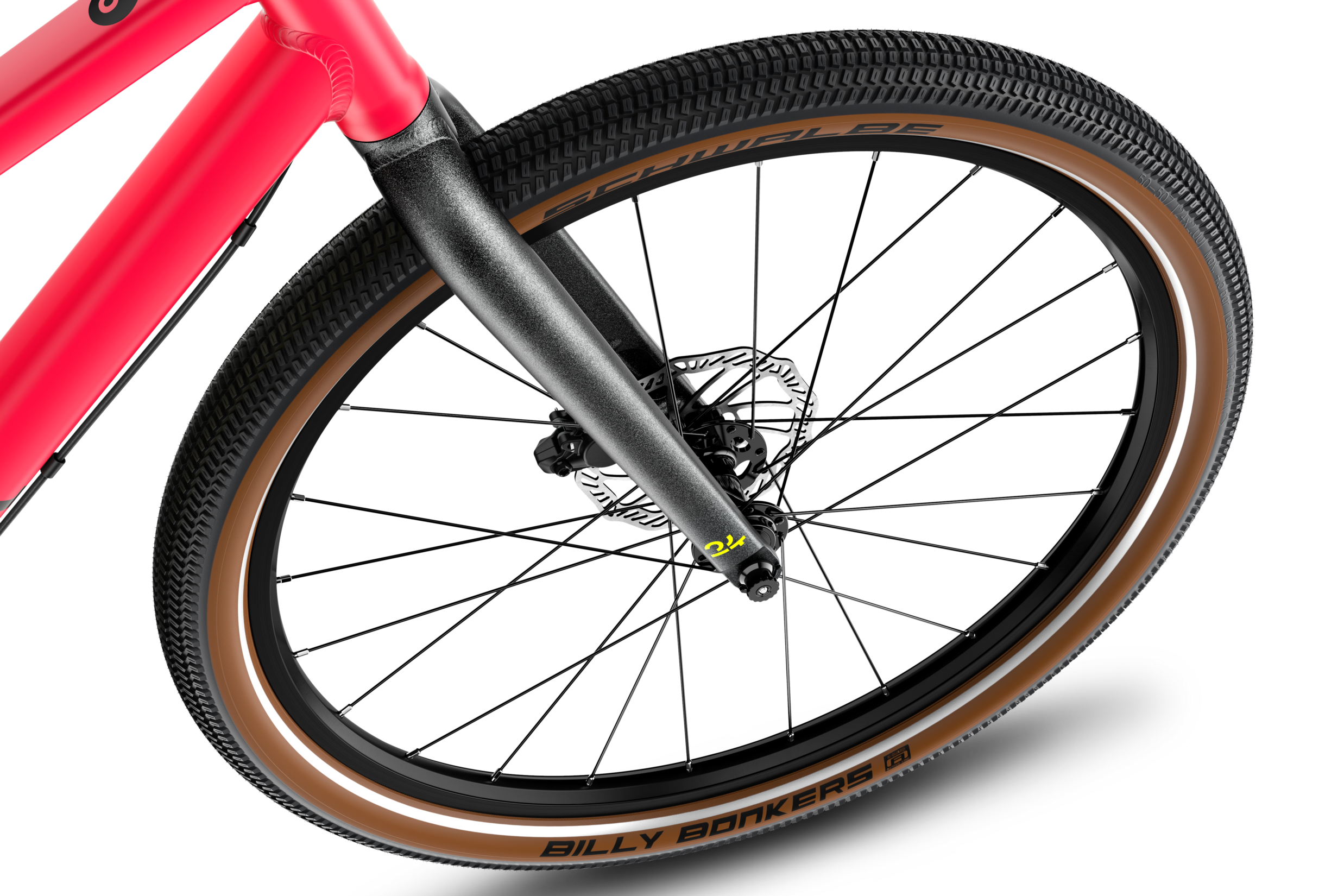 Detailaanzicht van het 24" voorwiel van de kinderfiets woom EXPLORE 5.