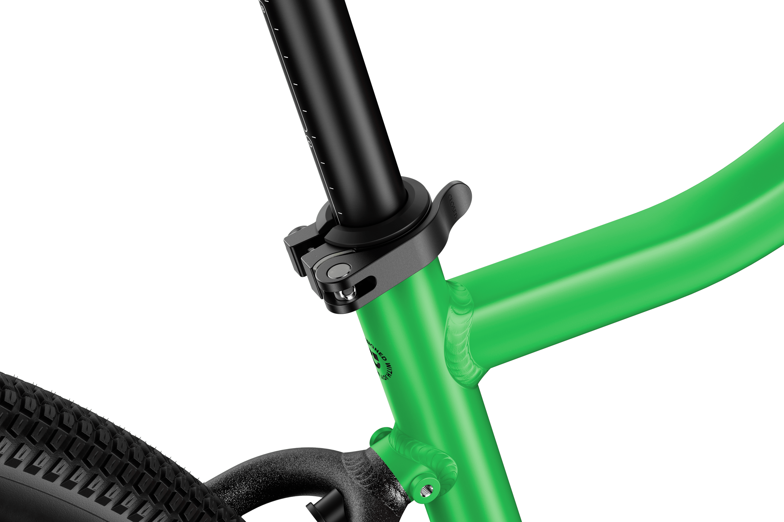 Detailed view of the black quick-release seatpost clamp on the woom EXPLORE 5 children's bike.