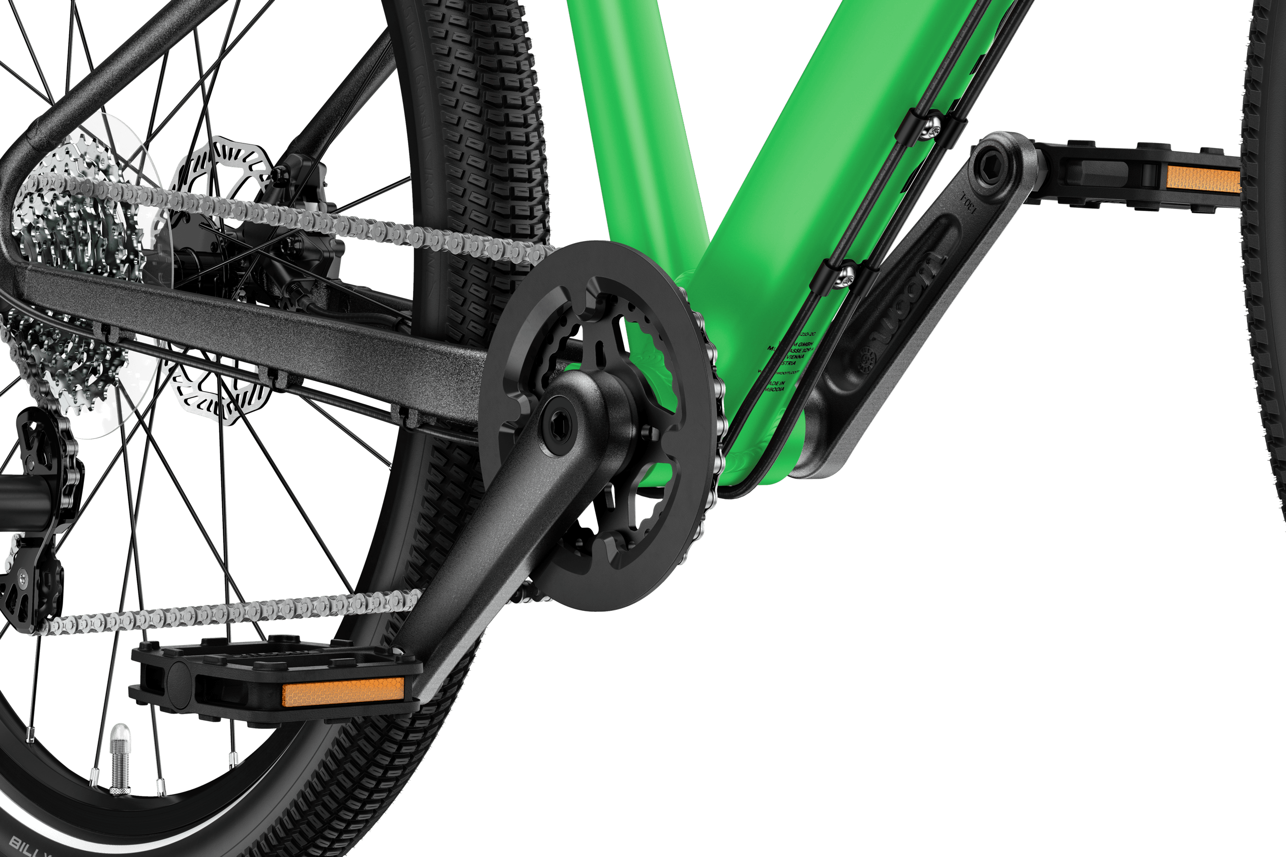 Detailed view of the cranks and pedals on the woom EXPLORE 5 children's bike.