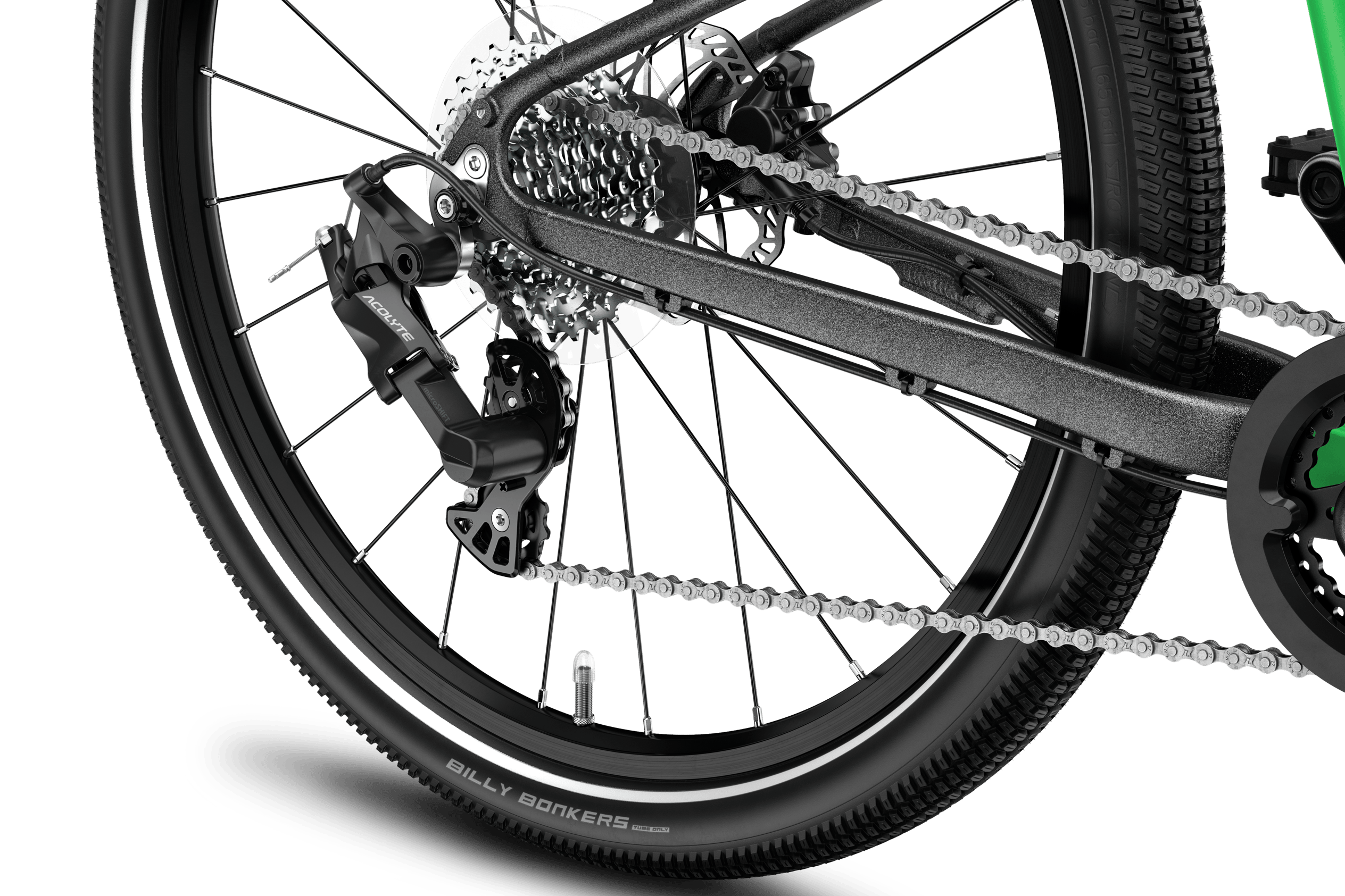 Detailed view of the back wheel on the woom EXPLORE 5 children's bike, including cassette and microSHIFT rear derailleur.