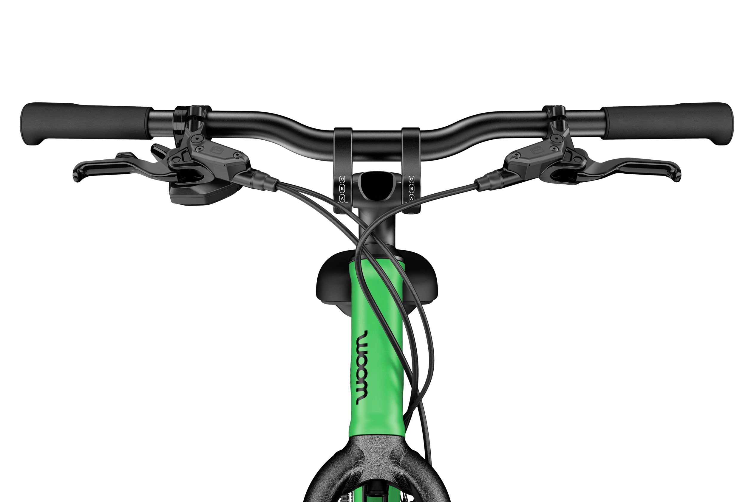 Front detailed view of the head tube, stem, handlebars and grips on the woom EXPLORE 5 children's bike.