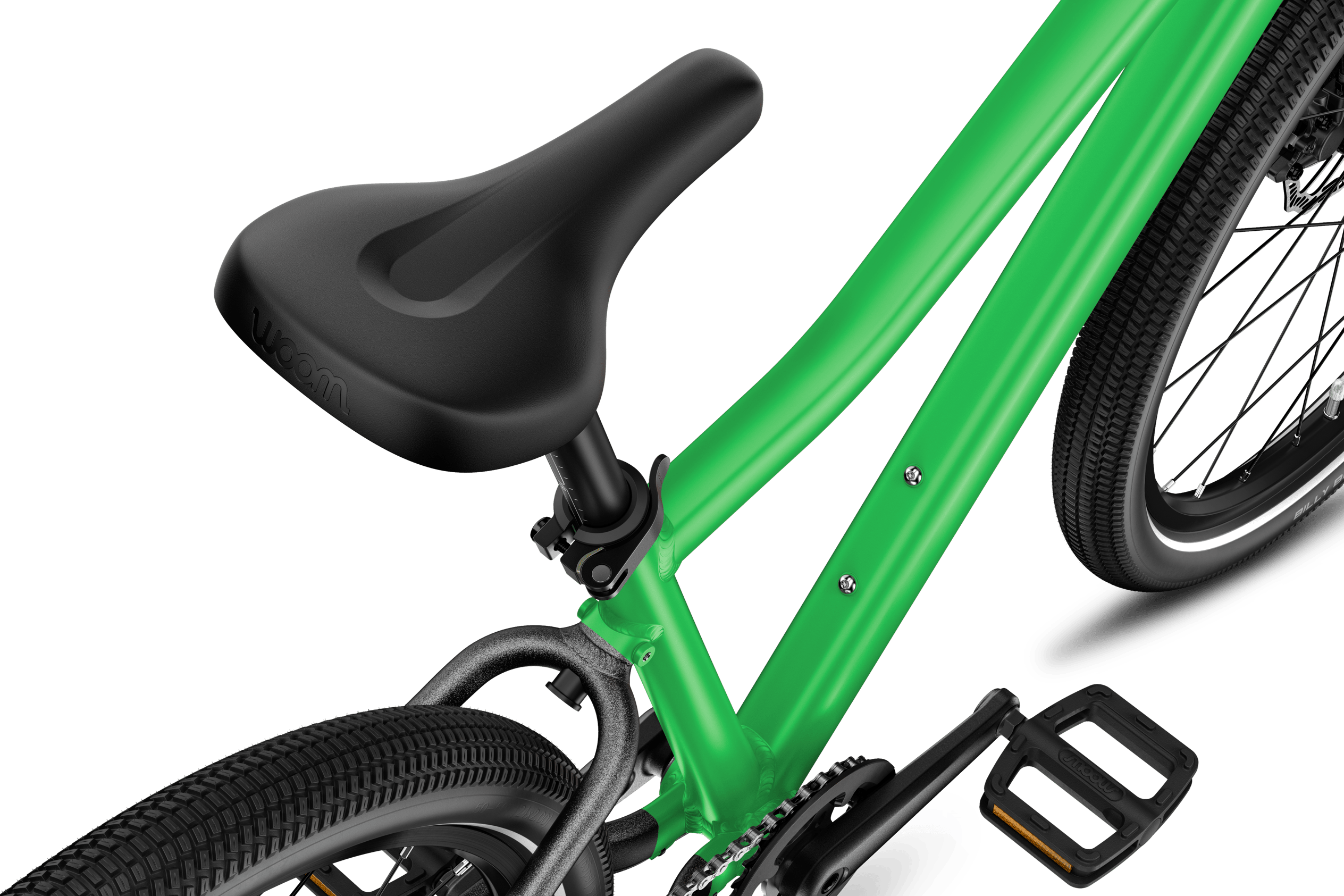 Detailed view of the black saddle on the woom EXPLORE 5 children's bike.