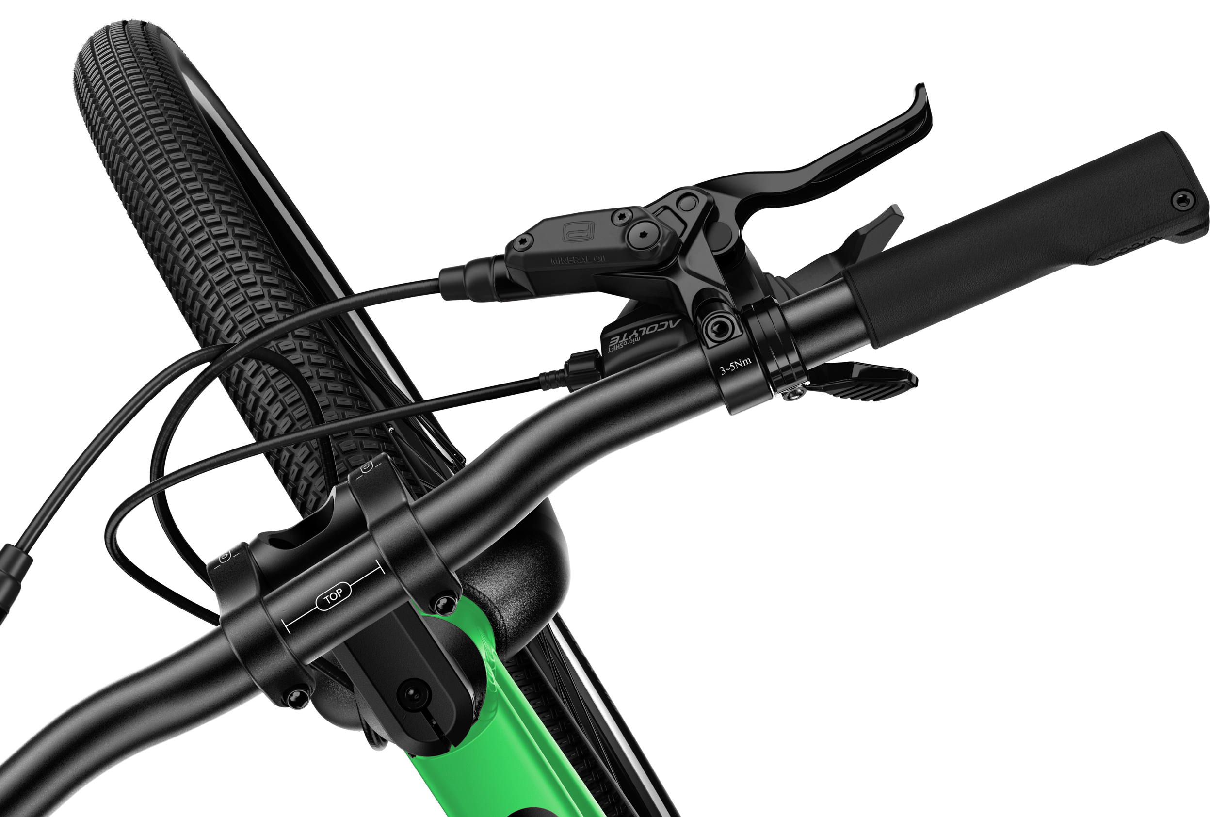 Bird's-eye view of the right handlebar end on the woom EXPLORE 5 children's bike, including brake lever and trigger shifter.