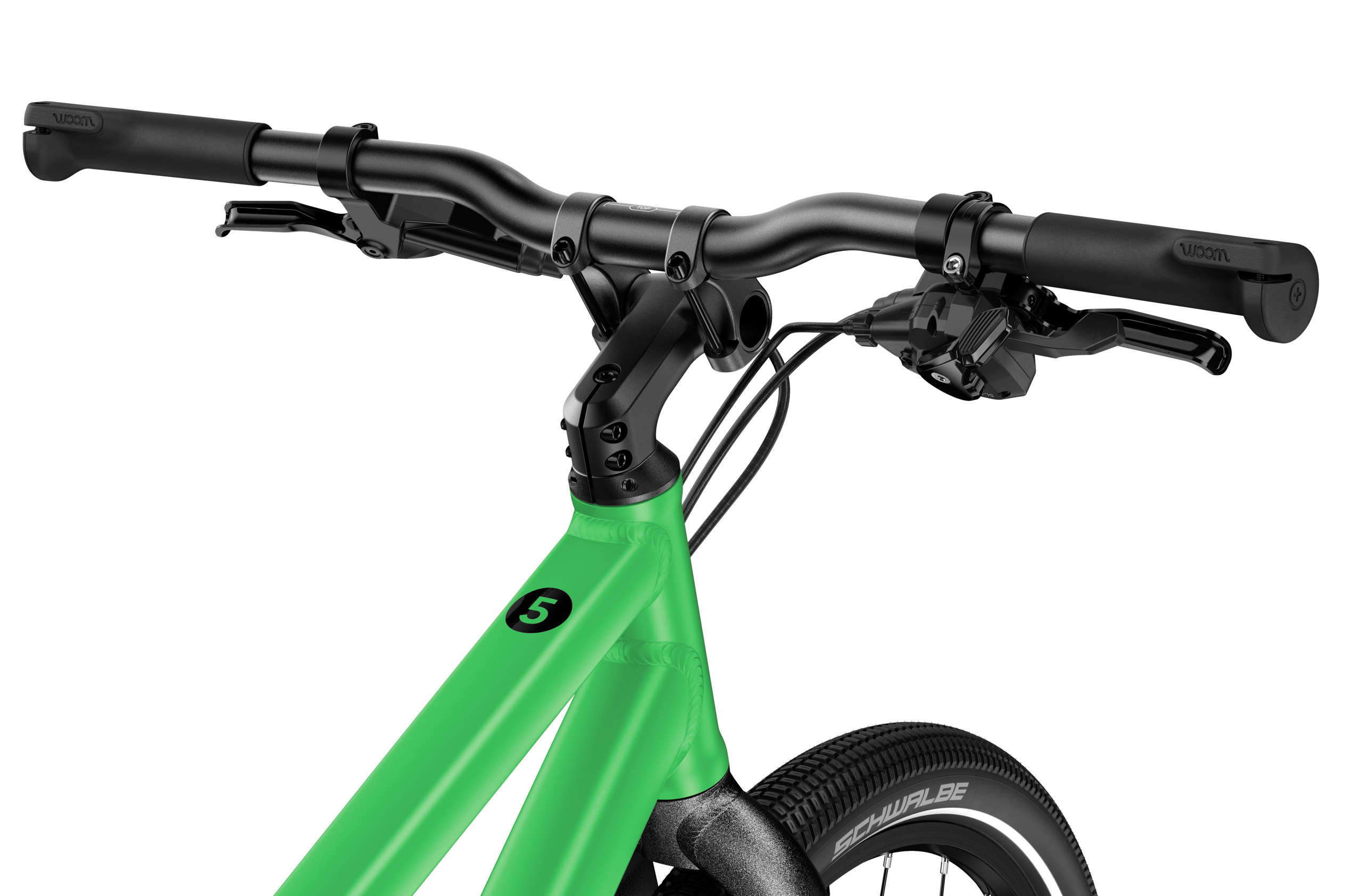 Detailed side view of the handlebars, stem, head tube and front wheel on the woom EXPLORE 5, from the saddle.