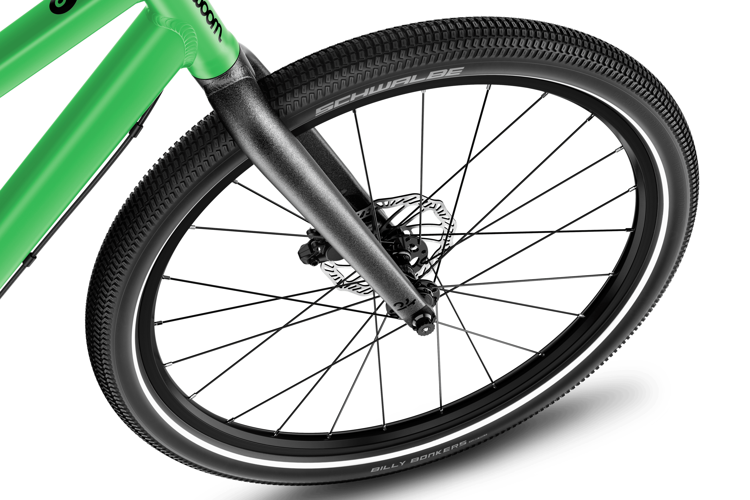 Detailed view of the 24” front wheel on the woom EXPLORE 5 children's bike.