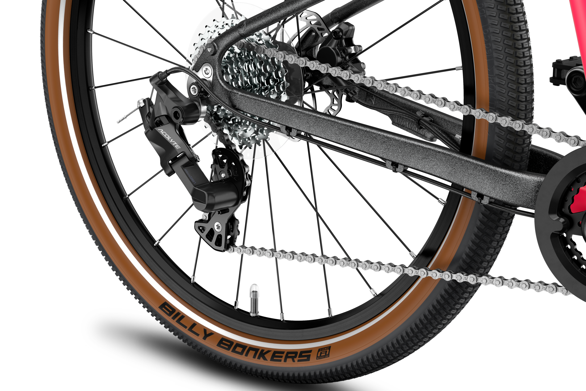 Vue détaillée de la roue arrière du vélo enfant woom EXPLORE 6 avec cassette de pignons et dérailleur microSHIFT.