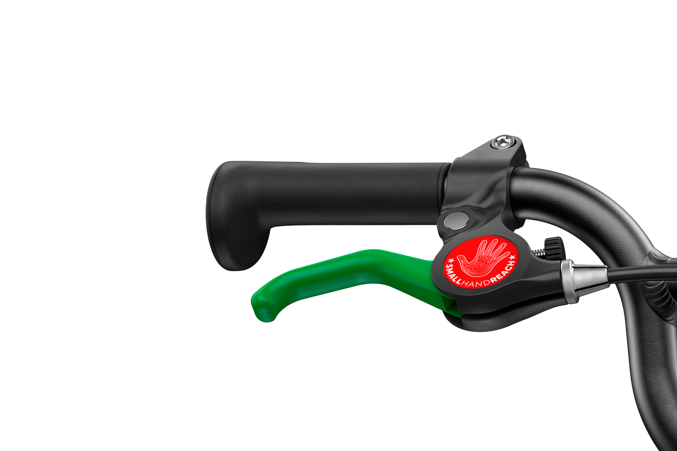 Detailed view of the green brake lever on the woom GO 1 balance bike with 12″ wheels
