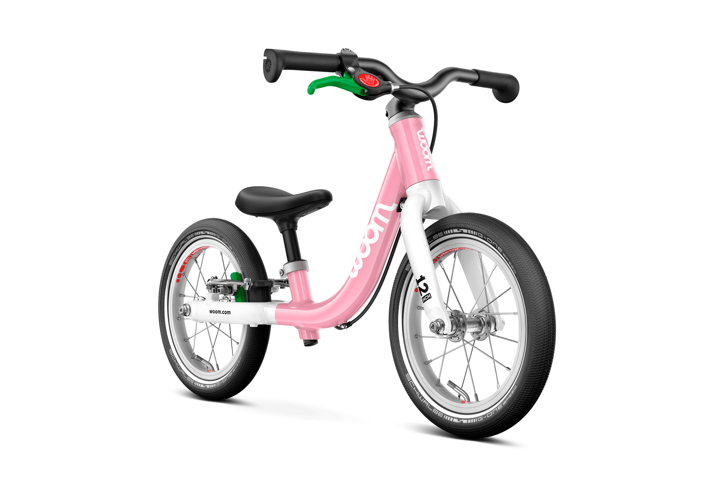 Side front view of the woom GO 1 balance bike for children aged 18 months and up