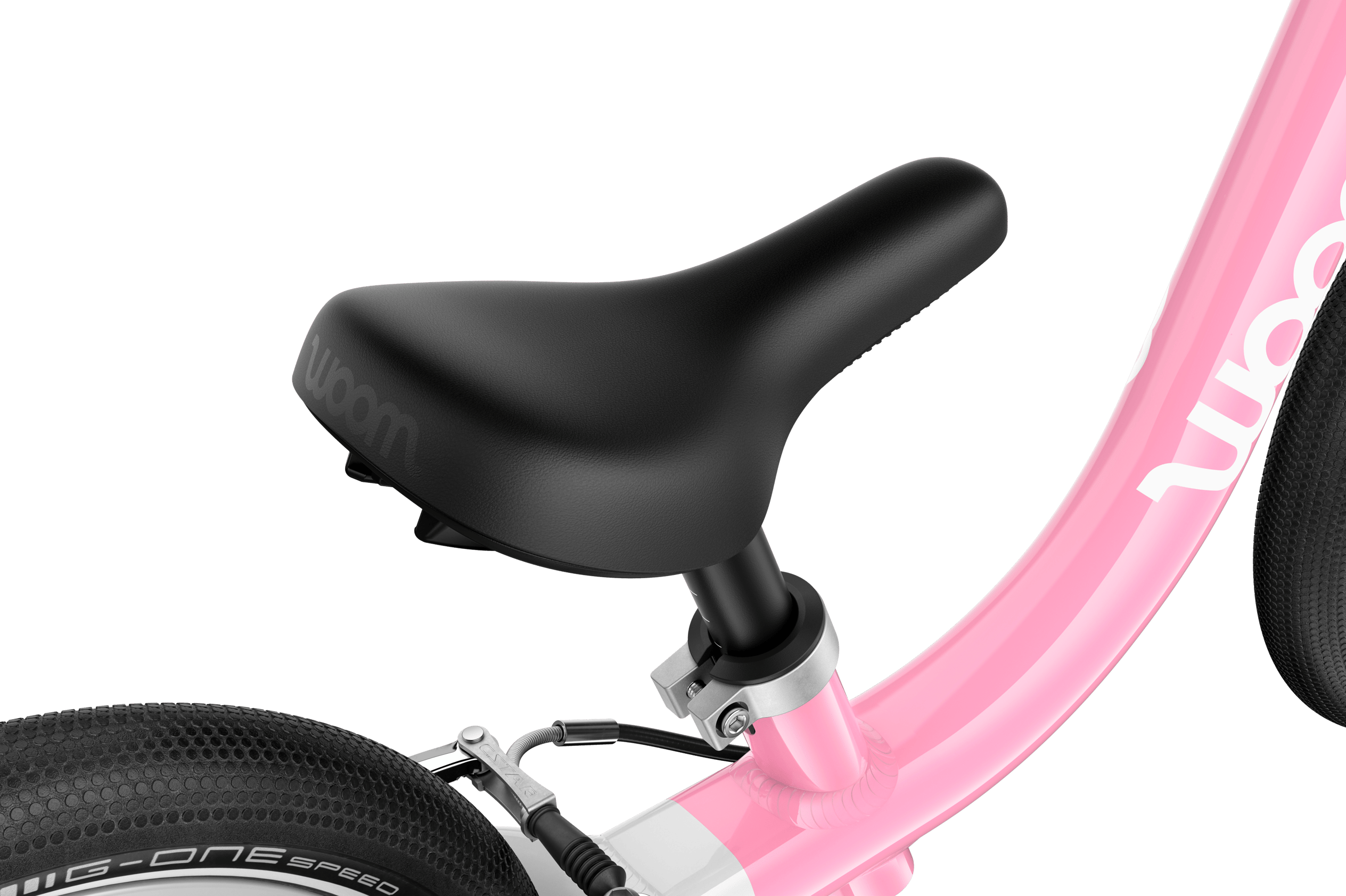 Detailed view of the banana-shaped saddle on the woom GO 1 balance bike