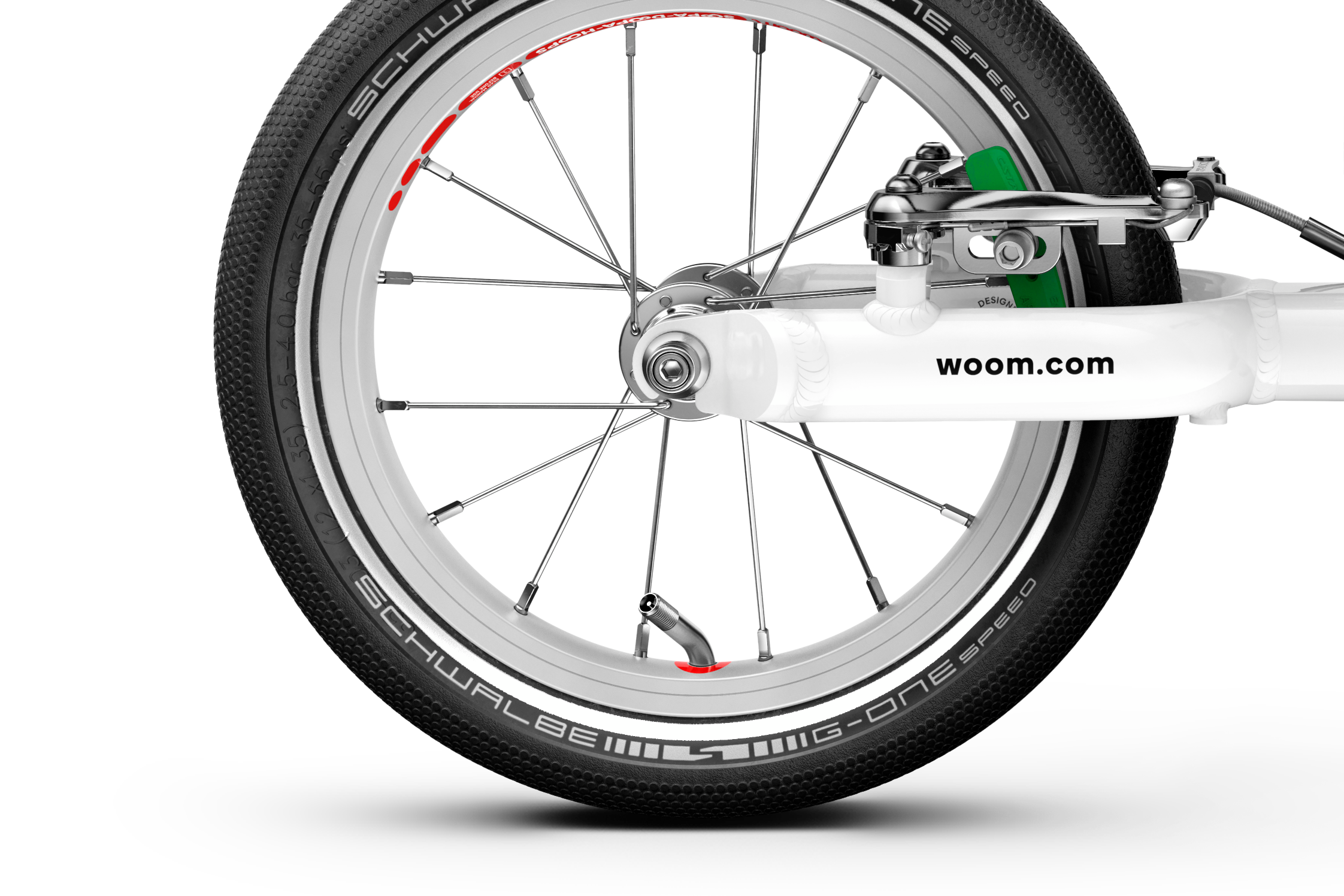 Rear 12″ wheel with extra narrow hub on the woom GO 1 balance bike
