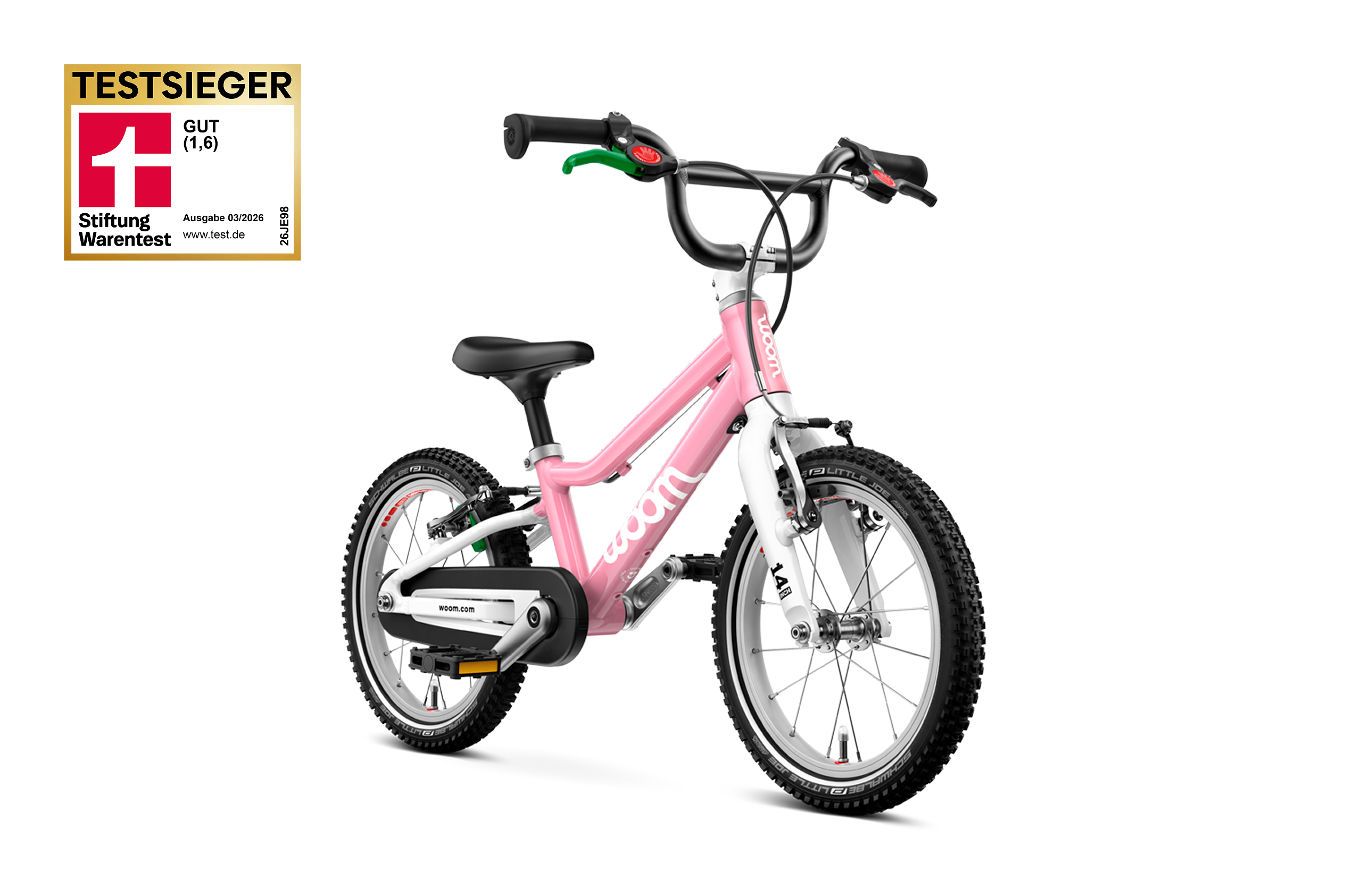 Seitliche Frontansicht des Kinderfahrrads woom GO 2 für Kinder ab drei Jahren