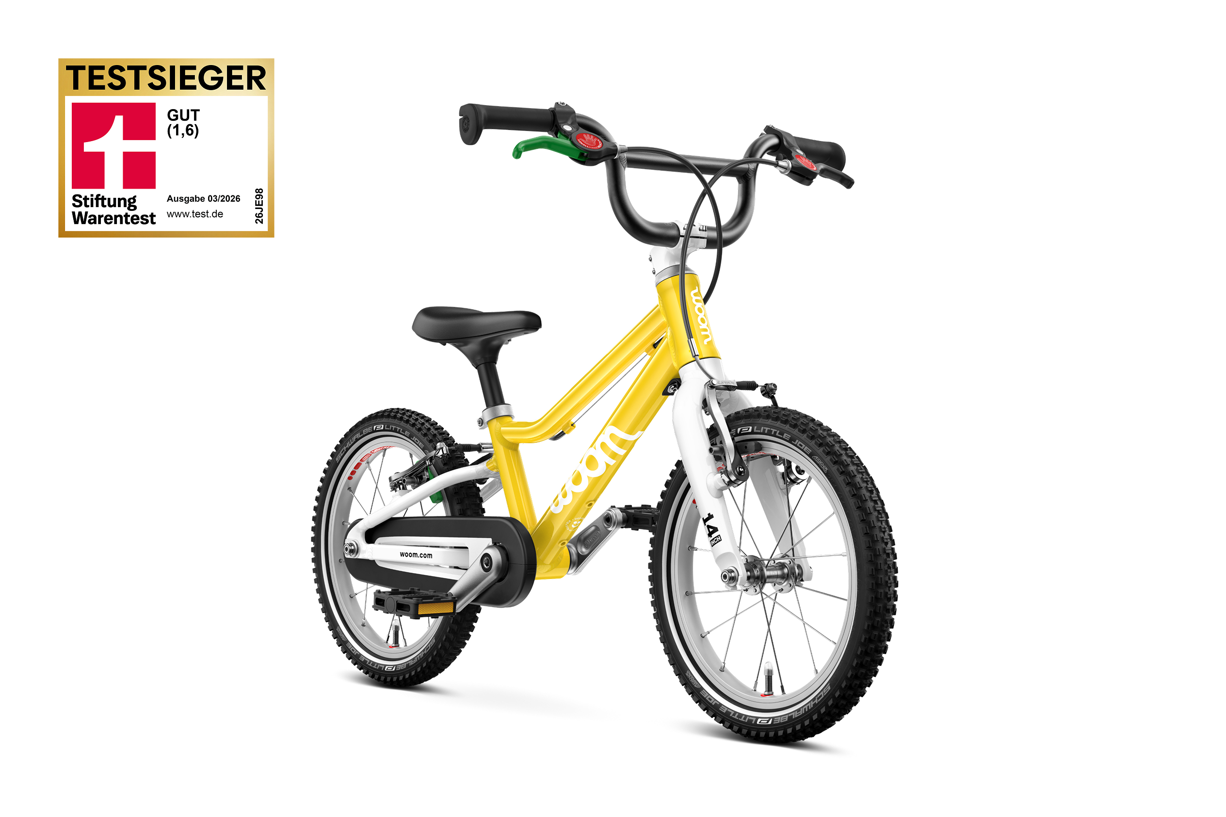 Seitliche Frontansicht des Kinderfahrrads woom GO 2 für Kinder ab drei Jahren