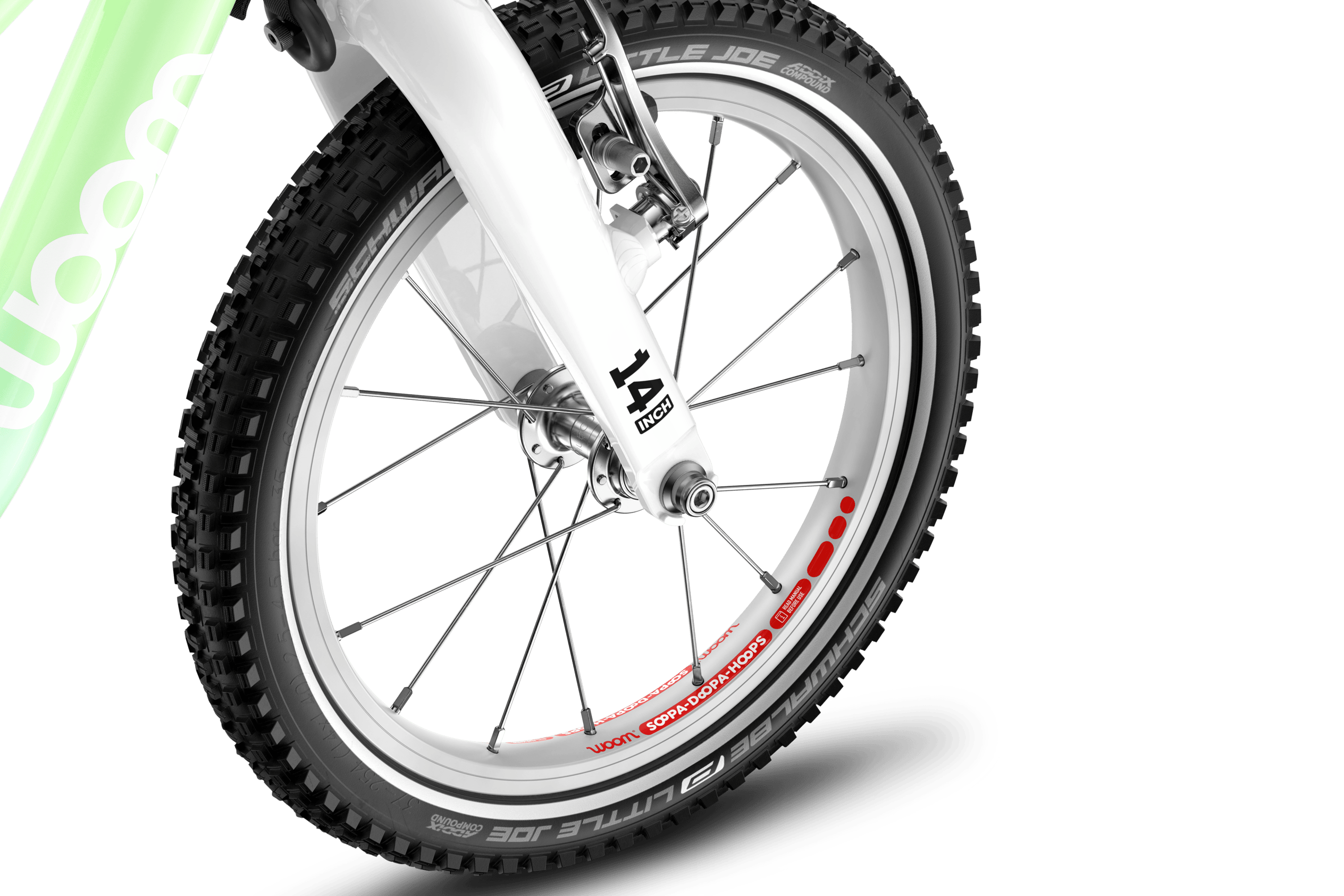 Detailansicht des vorderen Laufrads in 14 Zoll am Kinderfahrrad woom GO 2