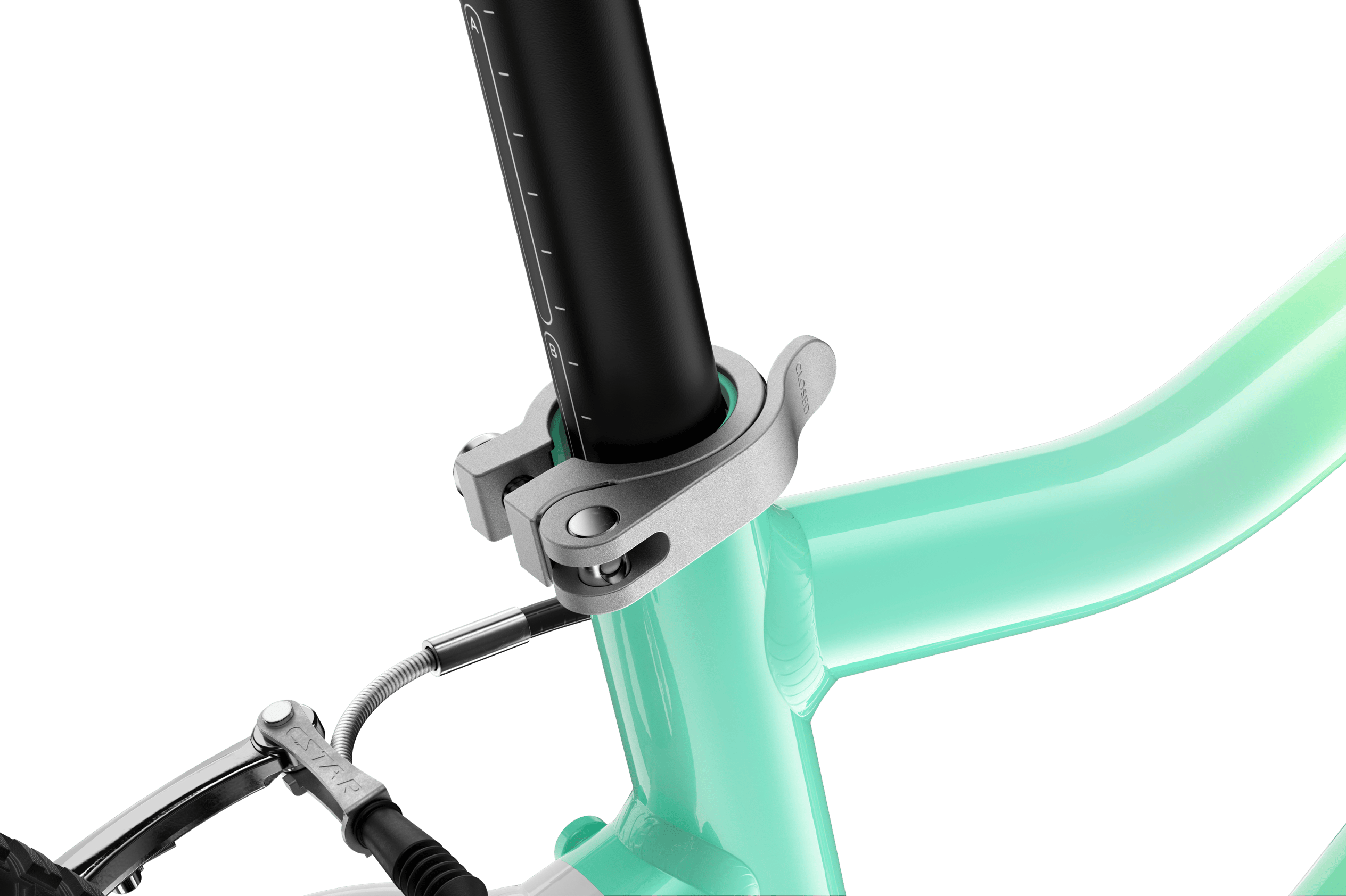 Silberne Sattelklemme mit silbernem Schnellspannhebel am Kinderfahrrad woom GO 3