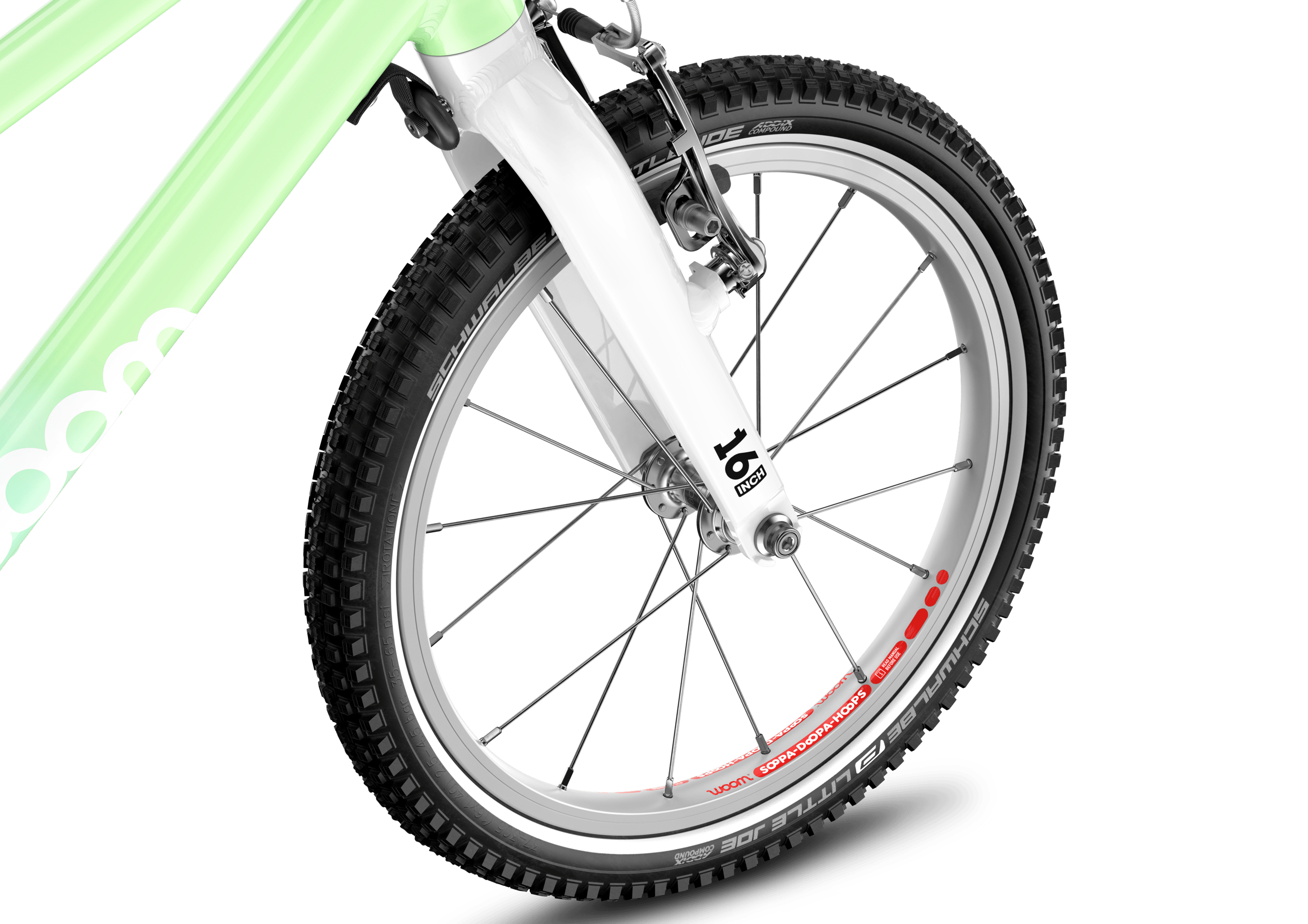 Detailansicht des vorderen Laufrads in 16 Zoll am Kinderfahrrad woom GO 3