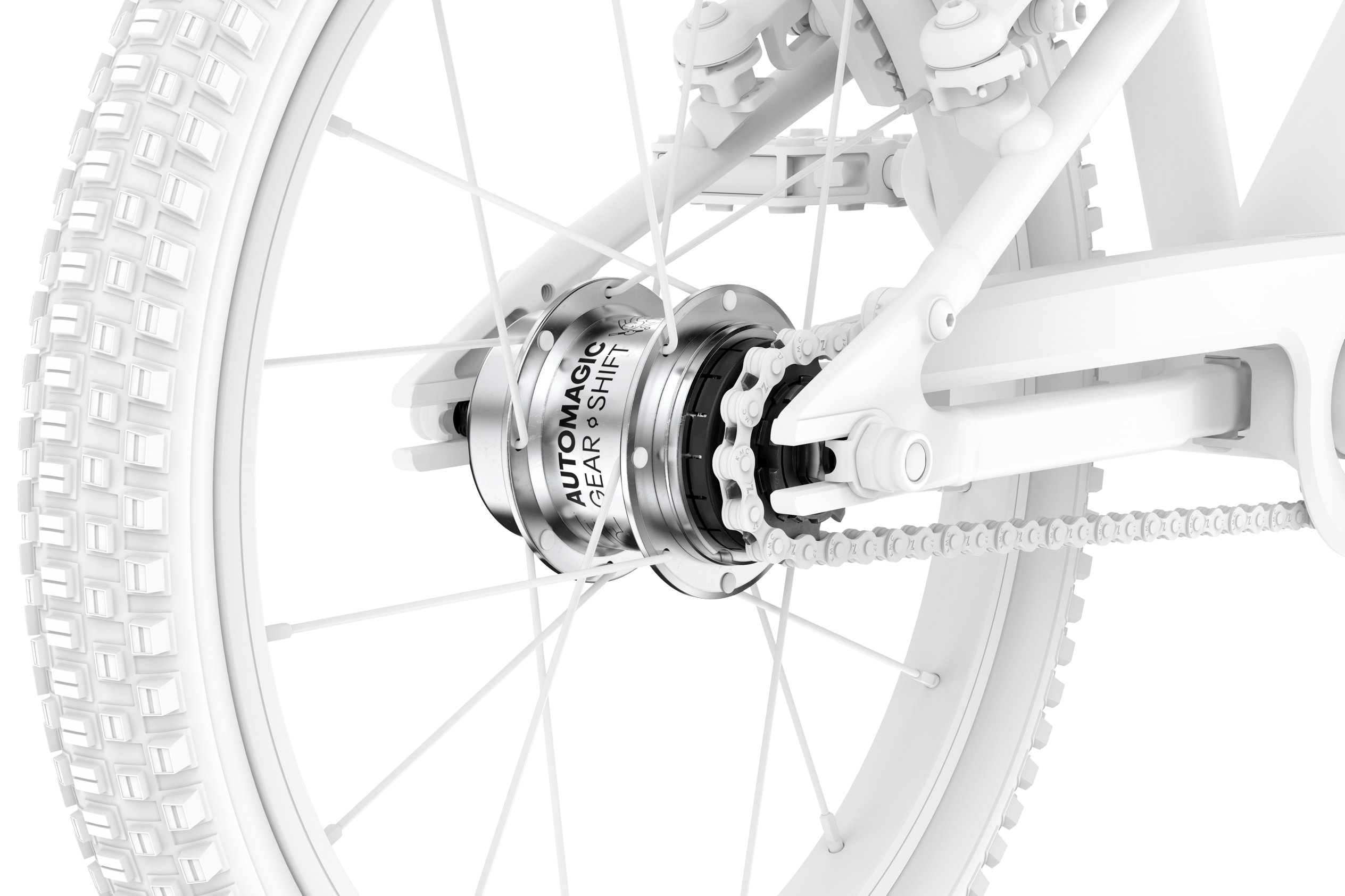 Zoom sur le moyeu à vitesses intégrées d’un vélo enfant woom GO 3 AUTOMAGIC blanc
