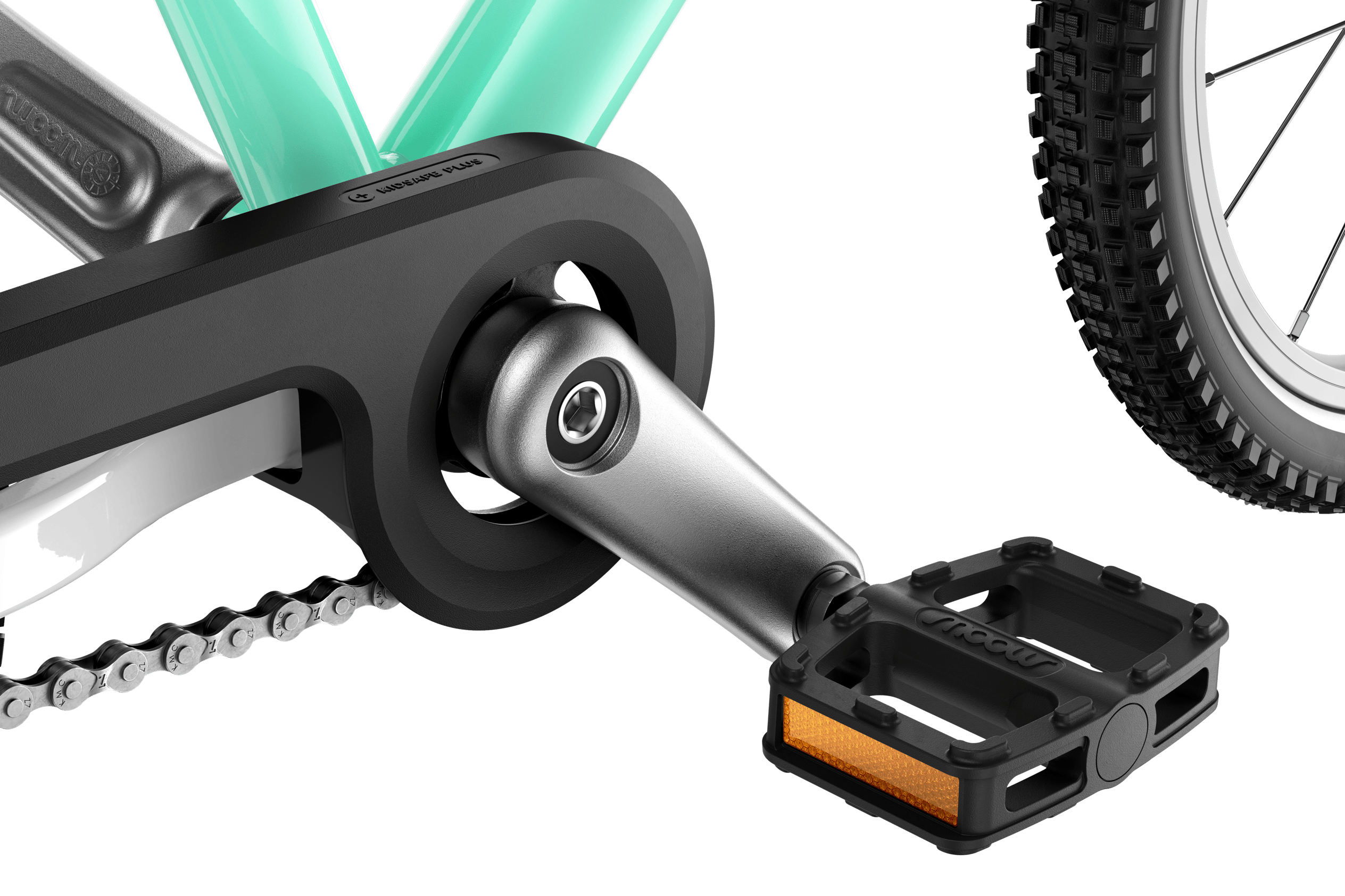 Zoom sur le pédalier, les pédales et le boitier de chaine du vélo enfant woom GO 3 AUTOMAGIC
