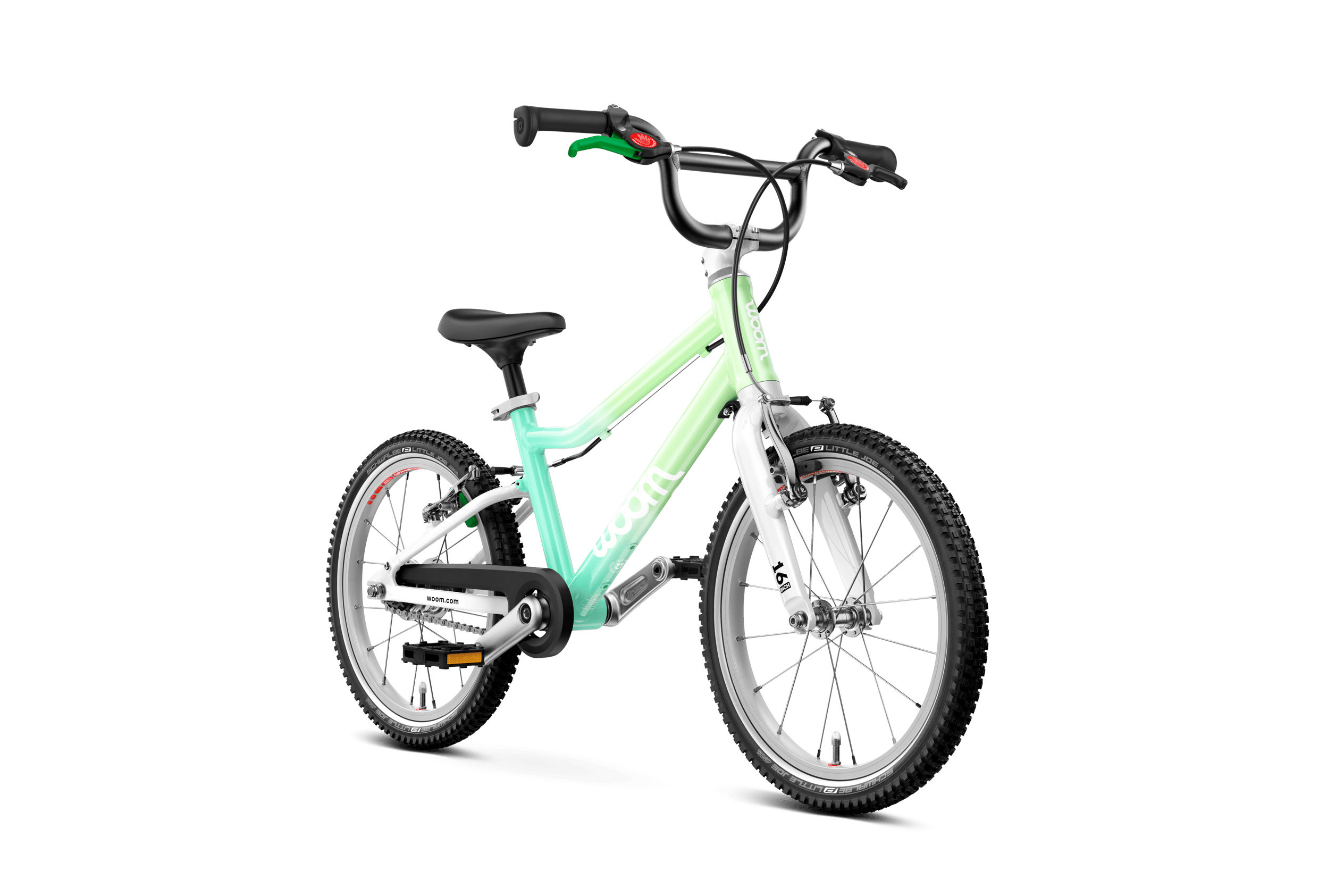 Vue latérale de l’avant du vélo woom GO 3 AUTOMAGIC pour les enfants à partir de quatre ans
