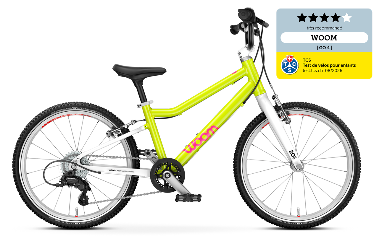 Vue latérale de l’avant du vélo woom GO 4 pour les enfants à partir de six ans