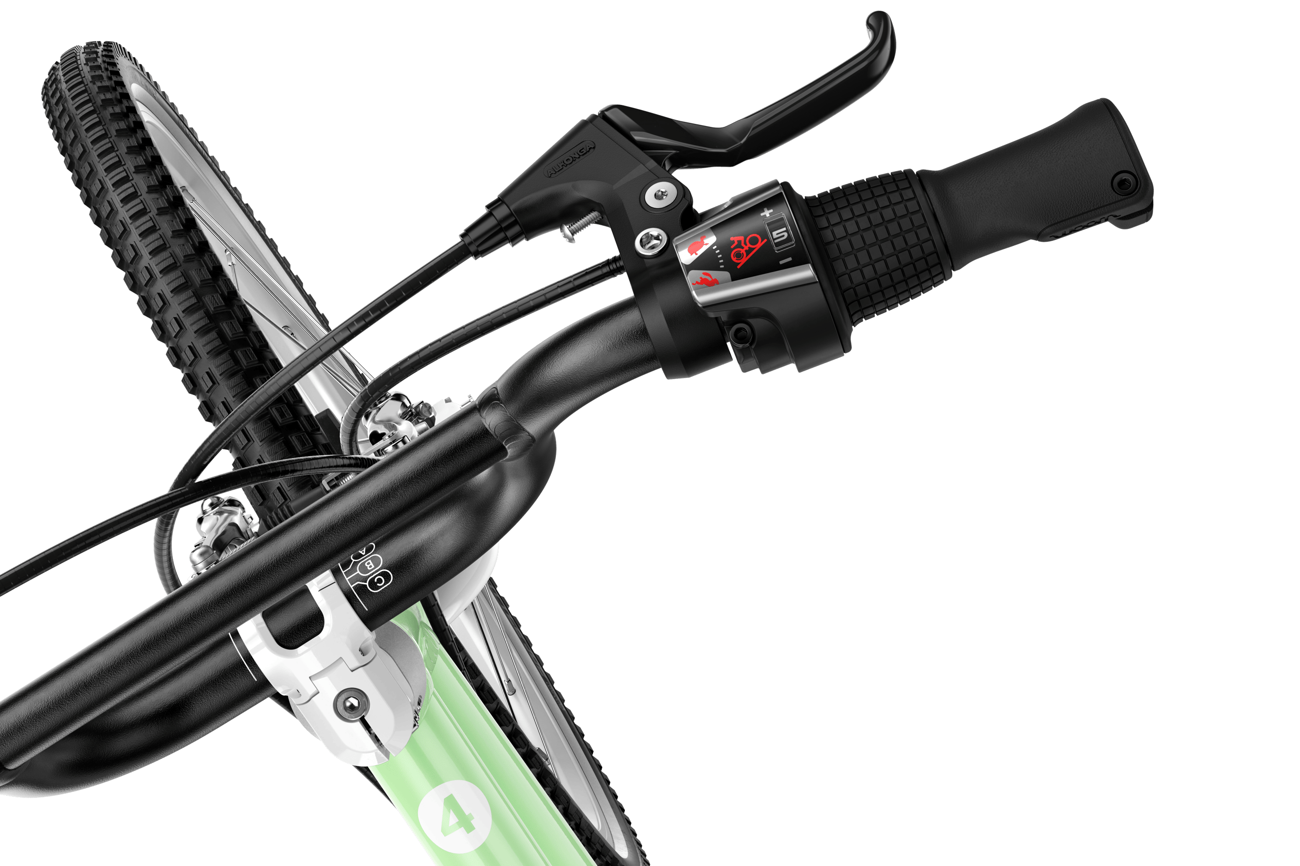 Zoom sur la manette rotative de changement de vitesse sur le vélo enfant woom GO 4