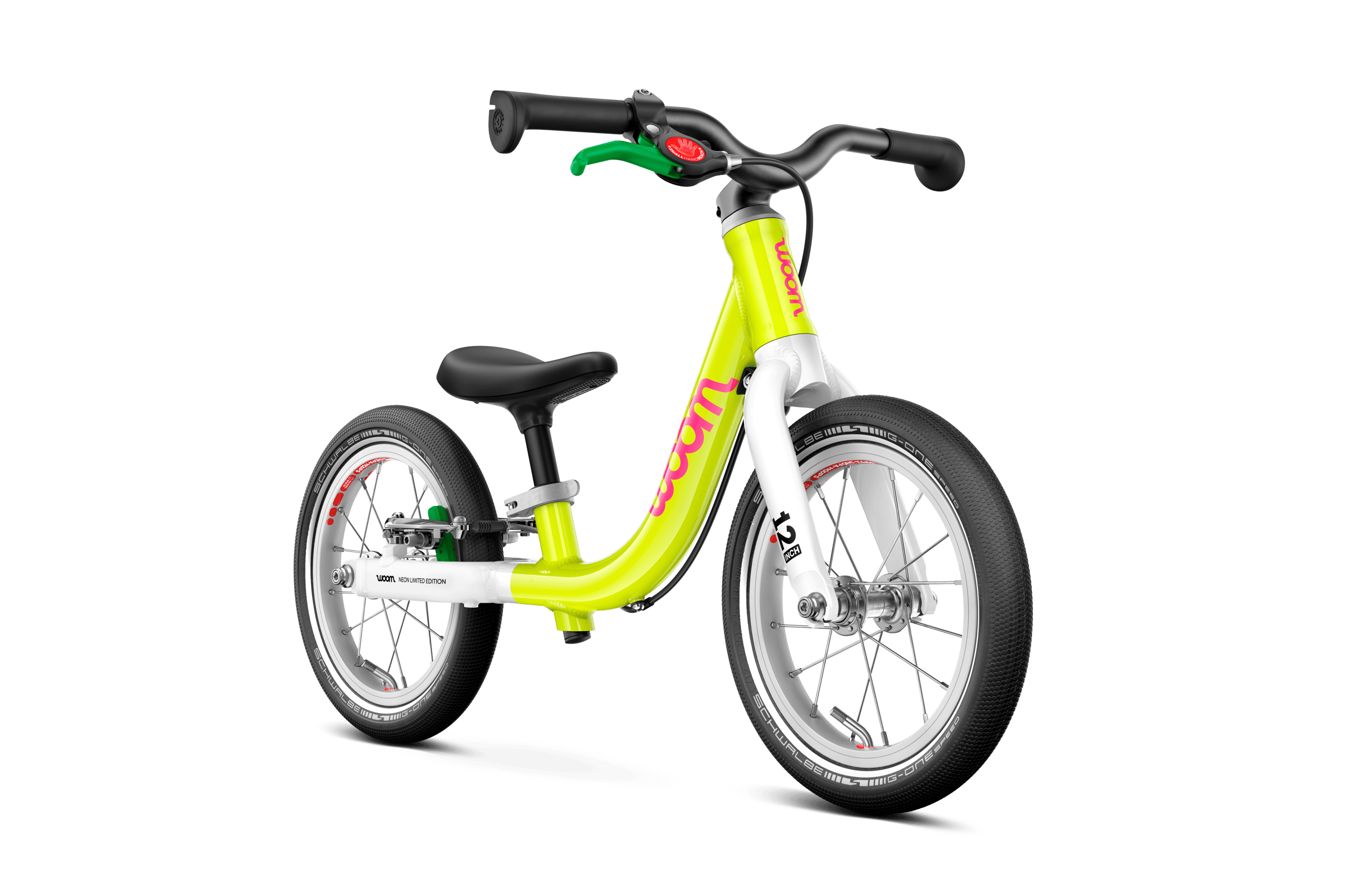 Side front view of the woom GO 1 balance bike for children aged 18 months and up