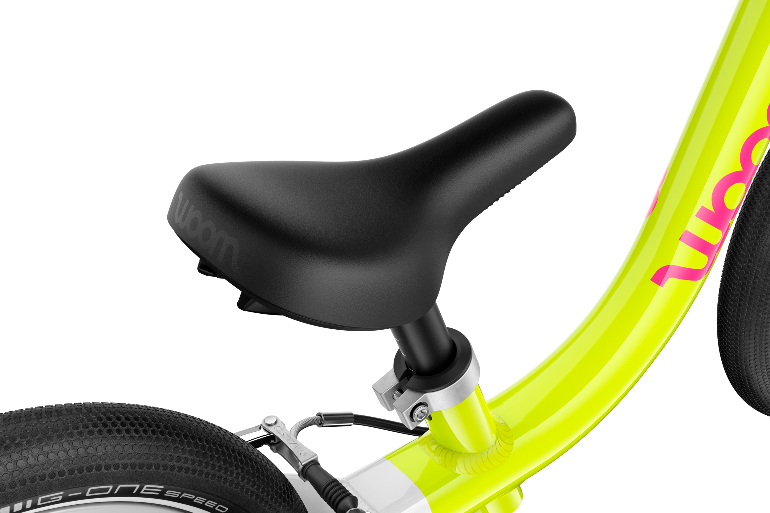 Detailed view of the banana-shaped saddle on the woom GO 1 balance bike