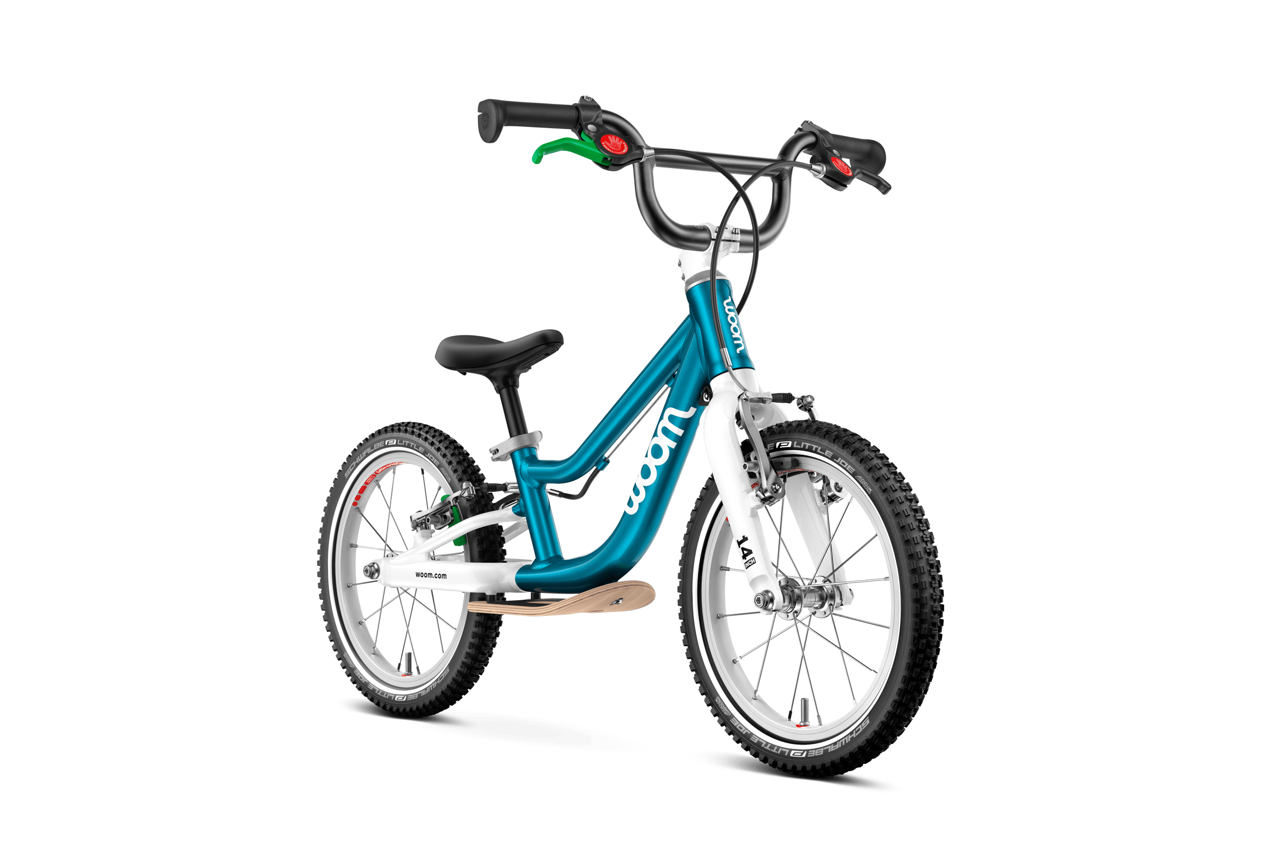 Side front view of the woom GO 1 PLUS balance bike for children aged 3 years and up