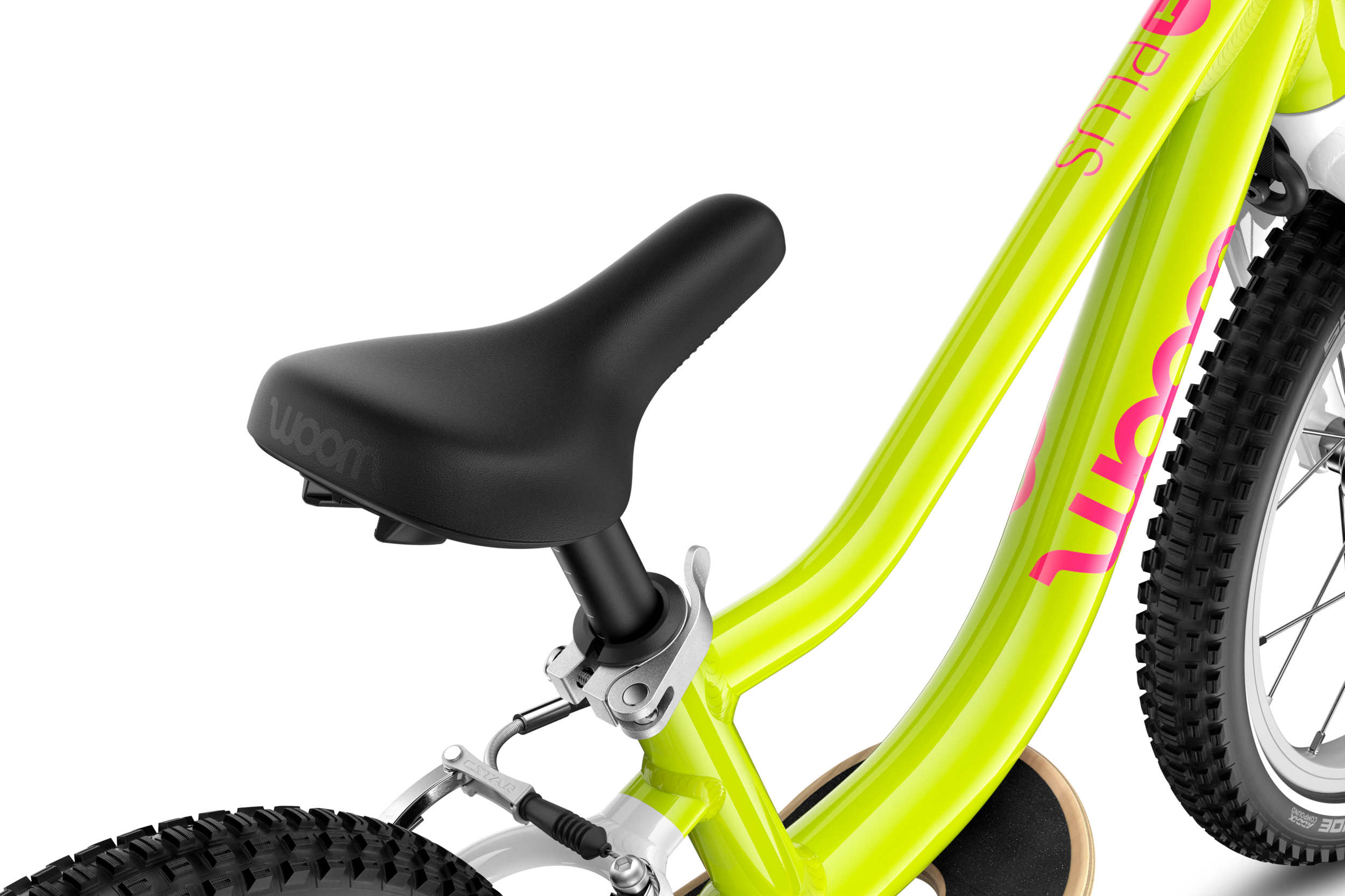 Detailed view of the banana-shaped saddle on the woom GO 1 PLUS balance bike