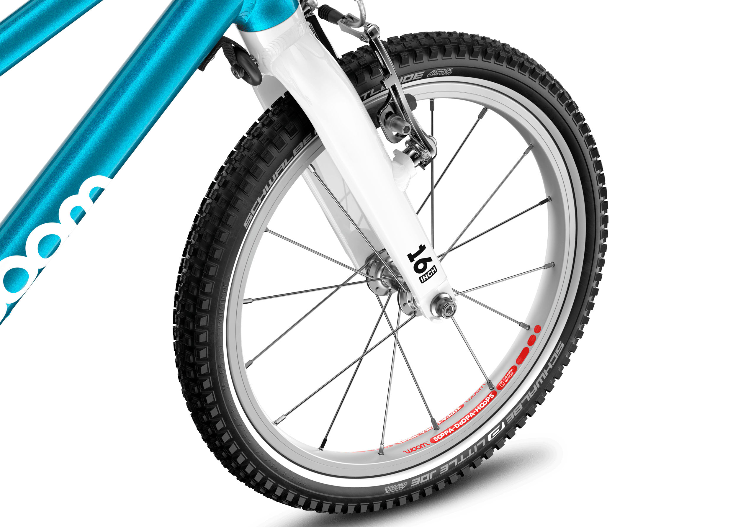 Detailed view of the front 16″ wheel on the woom GO 3 AUTOMAGIC children's bike