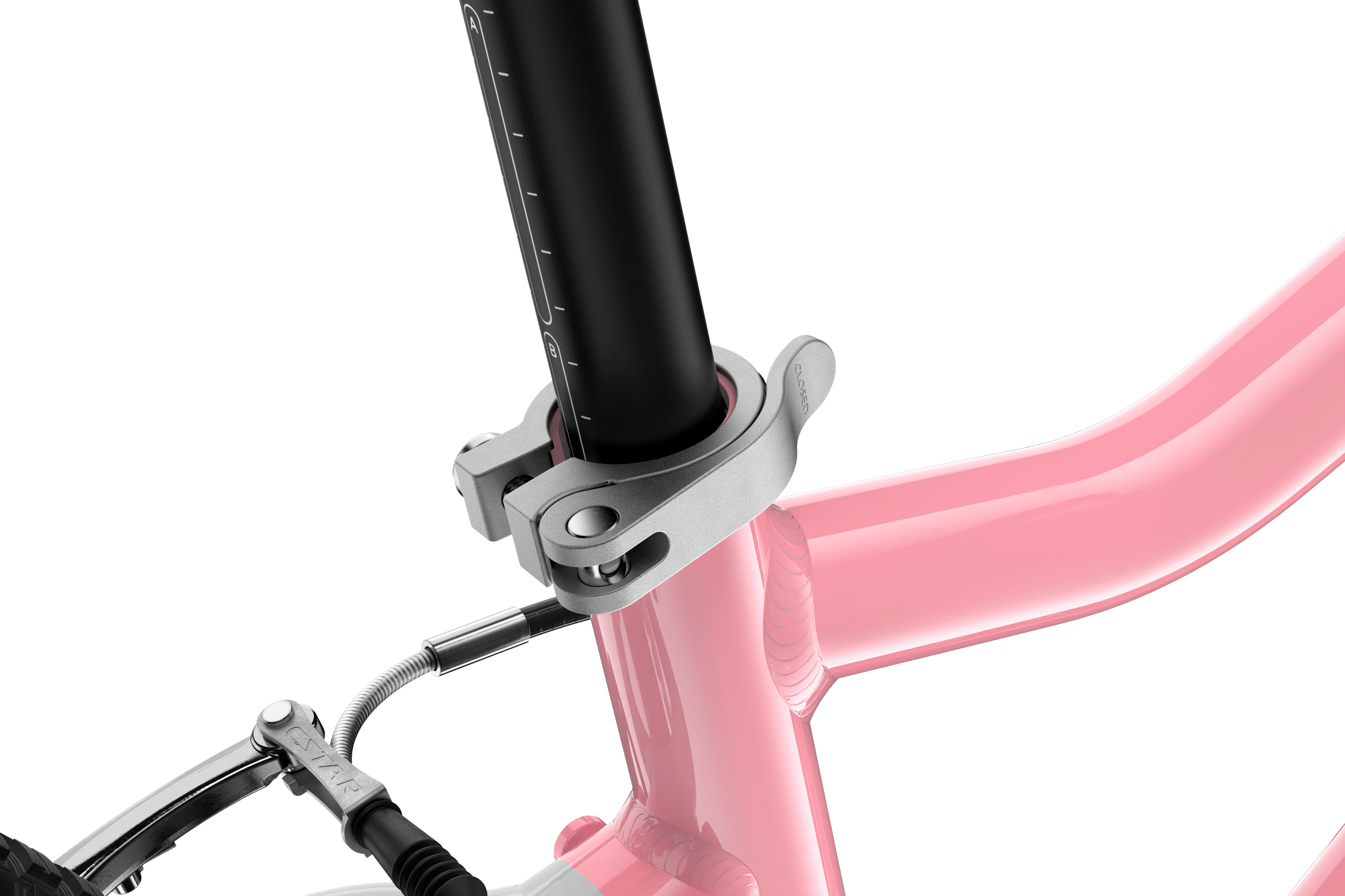 Silver seatpost clamp with silver quick-release lever on the woom GO 3 AUTOMAGIC children's bike