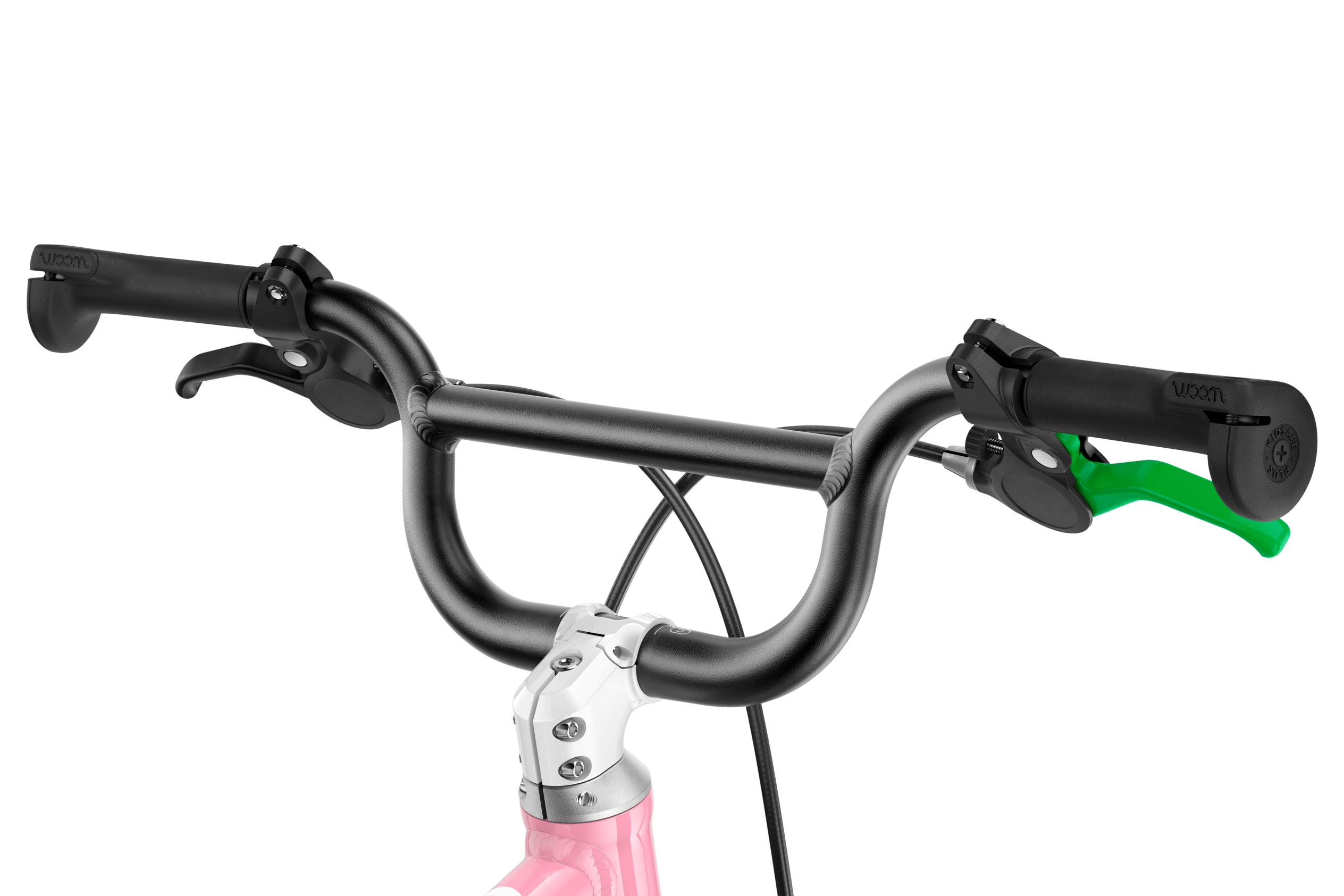 Detailed view of the stem, BMX handlebars and grips on the woom GO 3 AUTOMAGIC children's bike