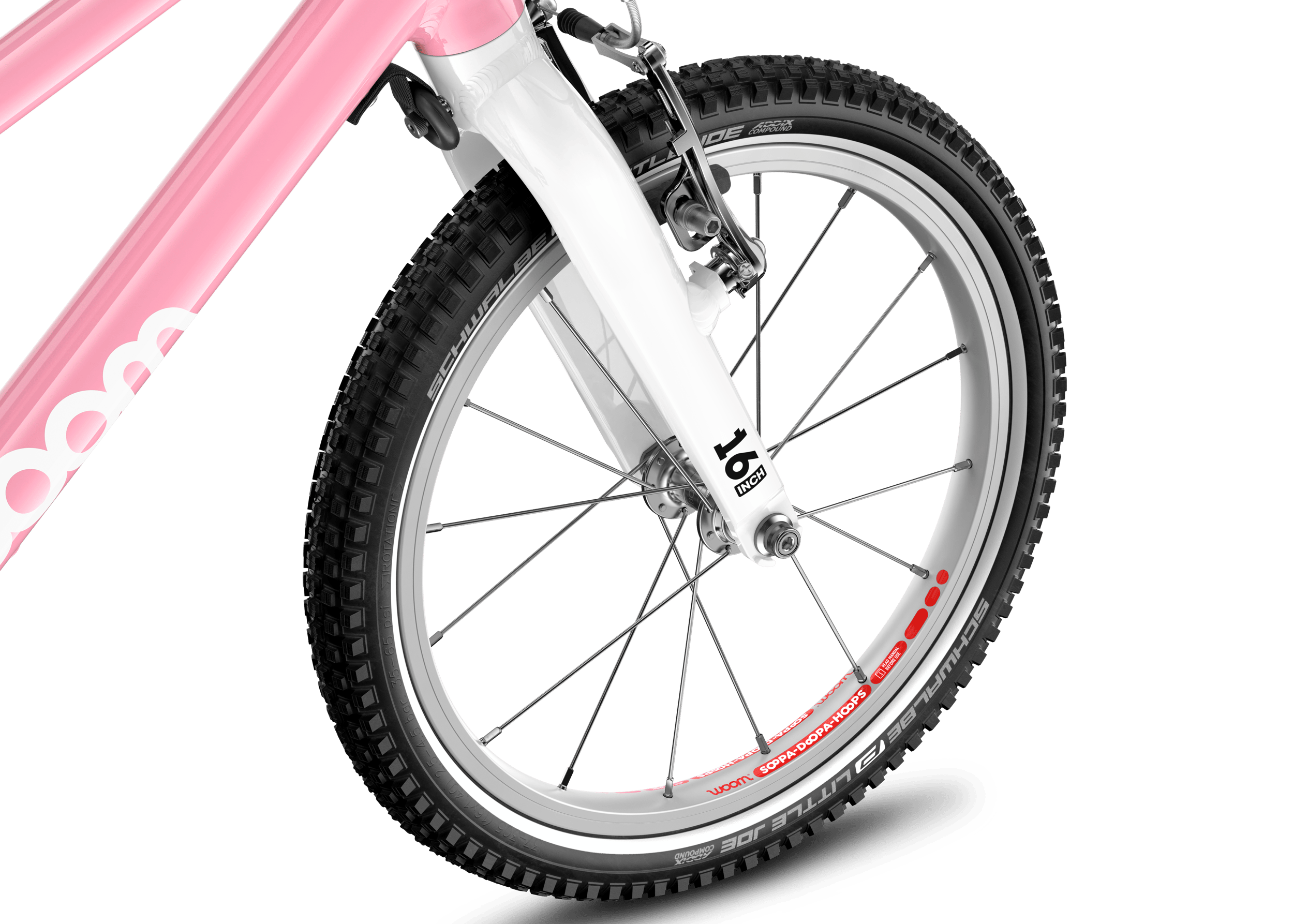 Detailed view of the front 16″ wheel on the woom GO 3 AUTOMAGIC children's bike