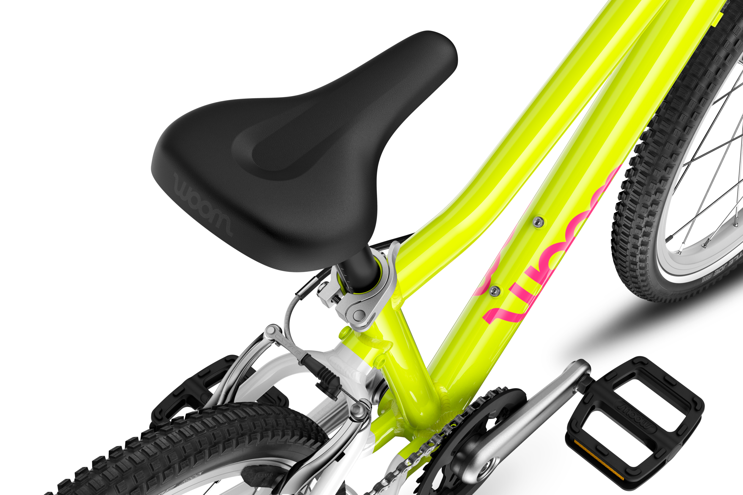 Detailed view of the saddle on the woom GO 4 children's bike