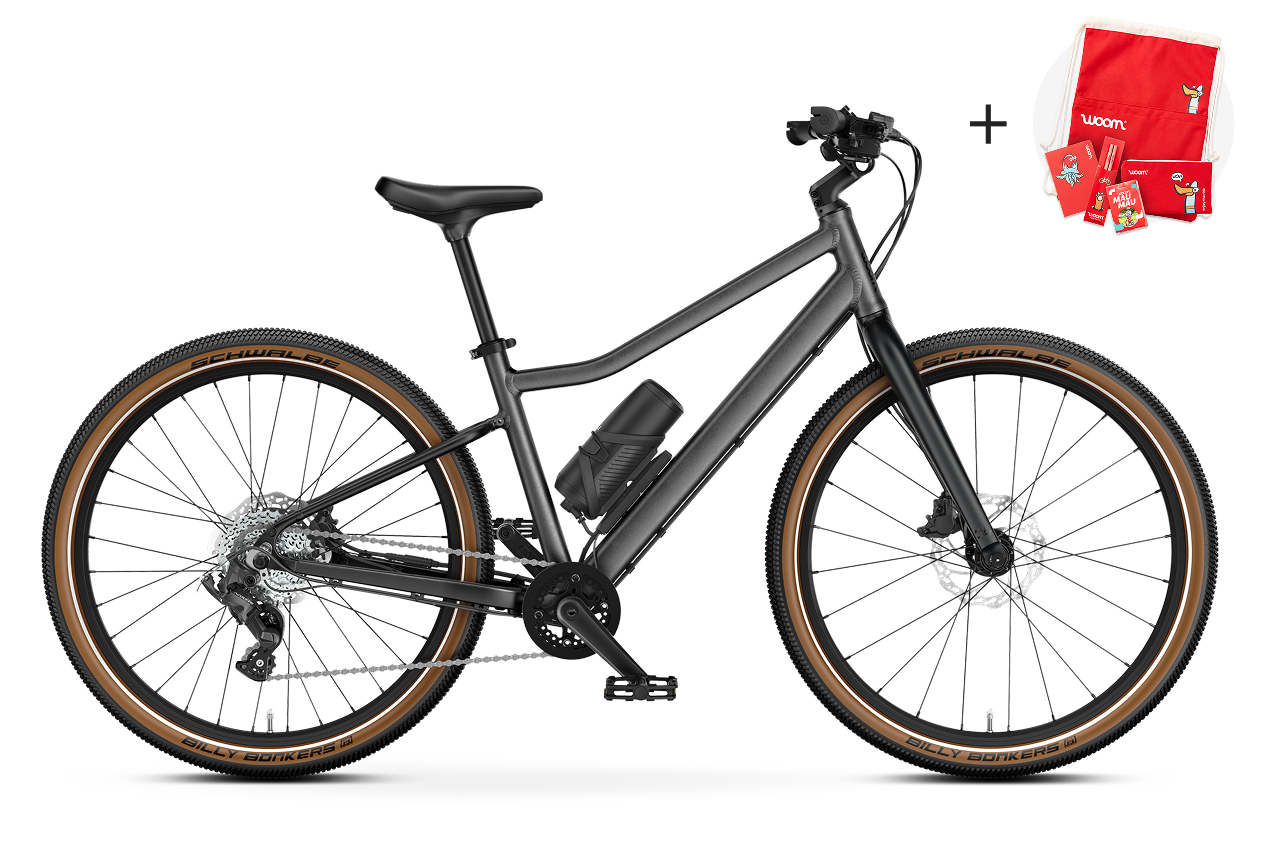 Seitenansicht des woom EXPLORE e 5 E-Bikes, Fahrtrichtung nach rechts.