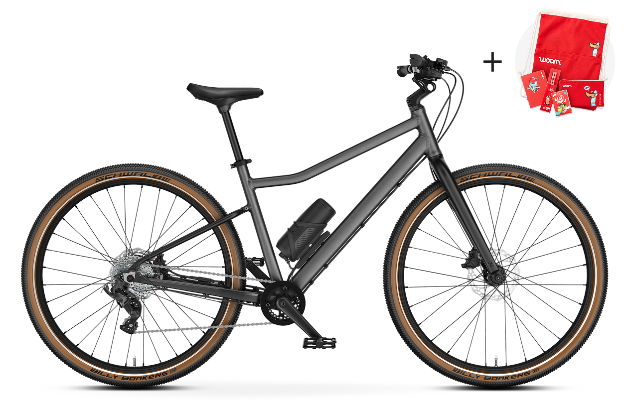 Profile view of the woom EXPLORE e 6 e-bike, direction of travel to the right.