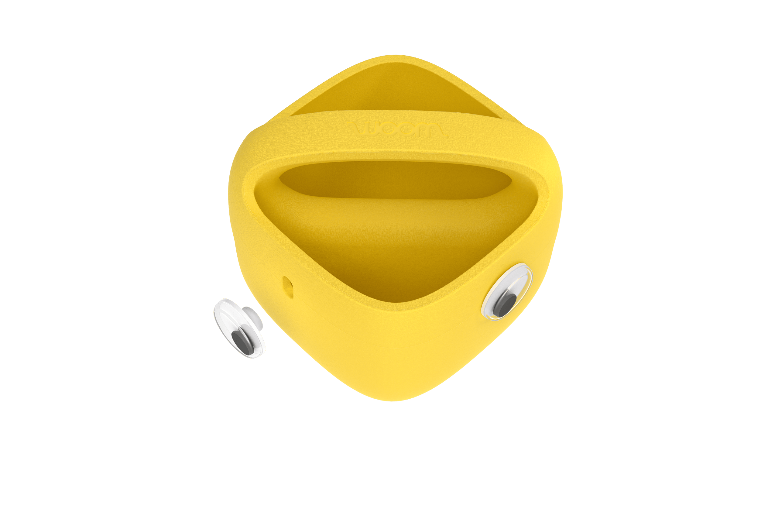 A POP Kids' Bike Basket in yellow or turquoise with googly eye charm; arrow shows where to insert a second eye charm