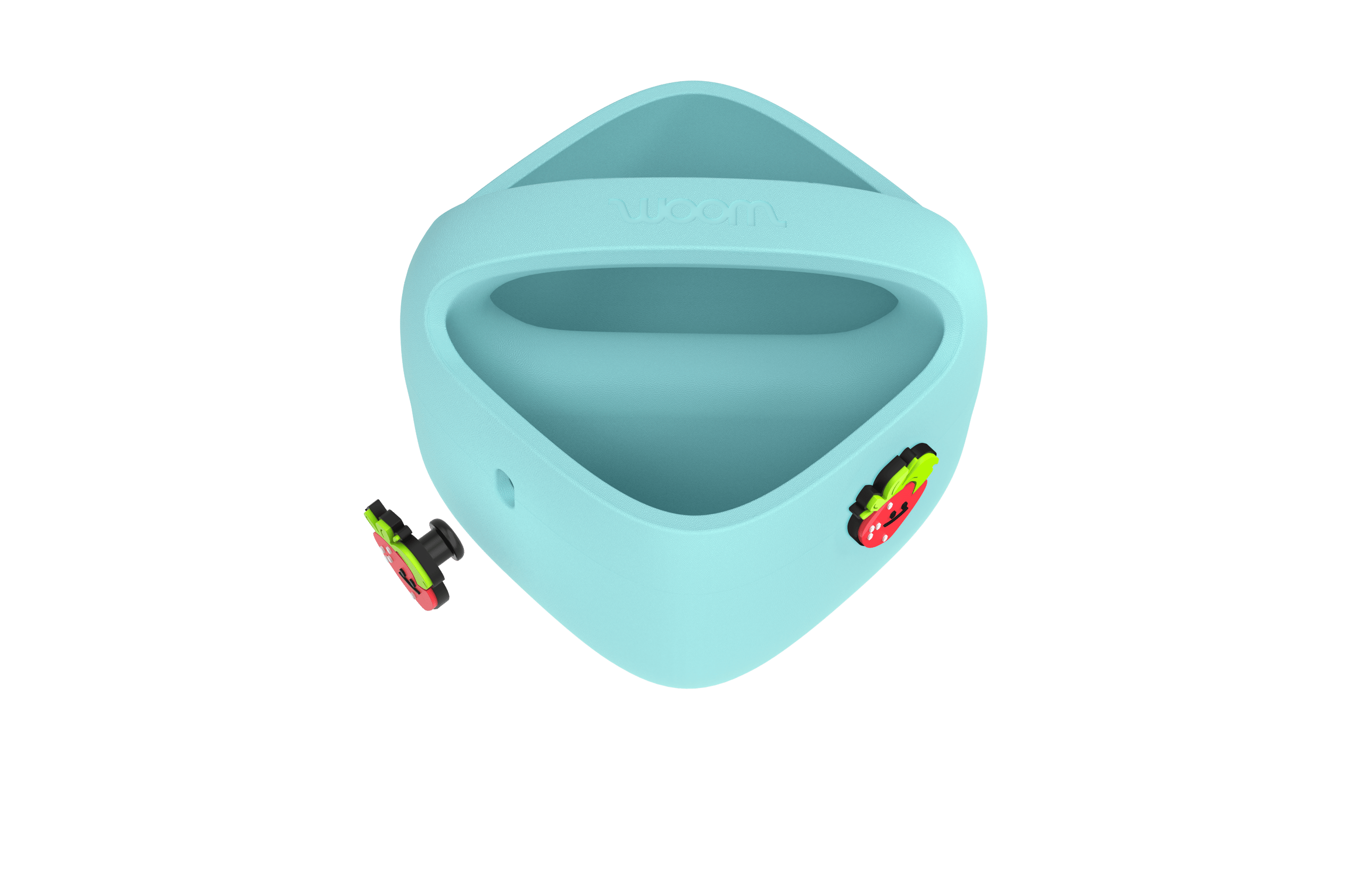 A POP Kids' Bike Basket in yellow or turquoise with googly eye charm; arrow shows where to insert a second eye charm