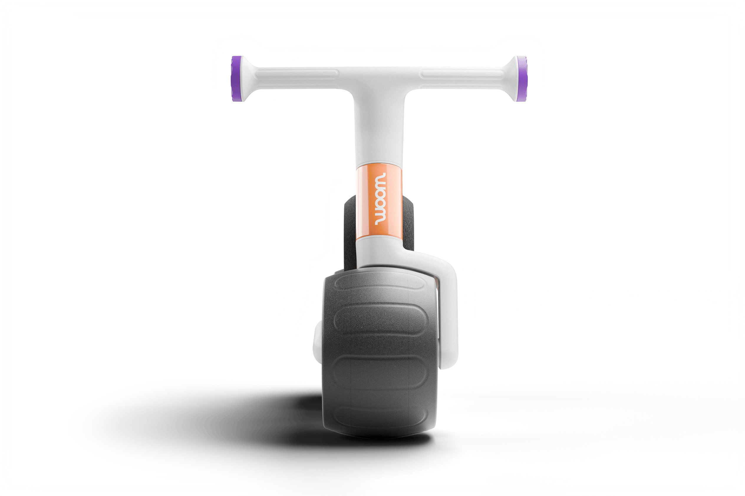 Front view of the woom WOW, showing tire & profile, woom logo and front of handlebars with grip ends in a contrasting color.