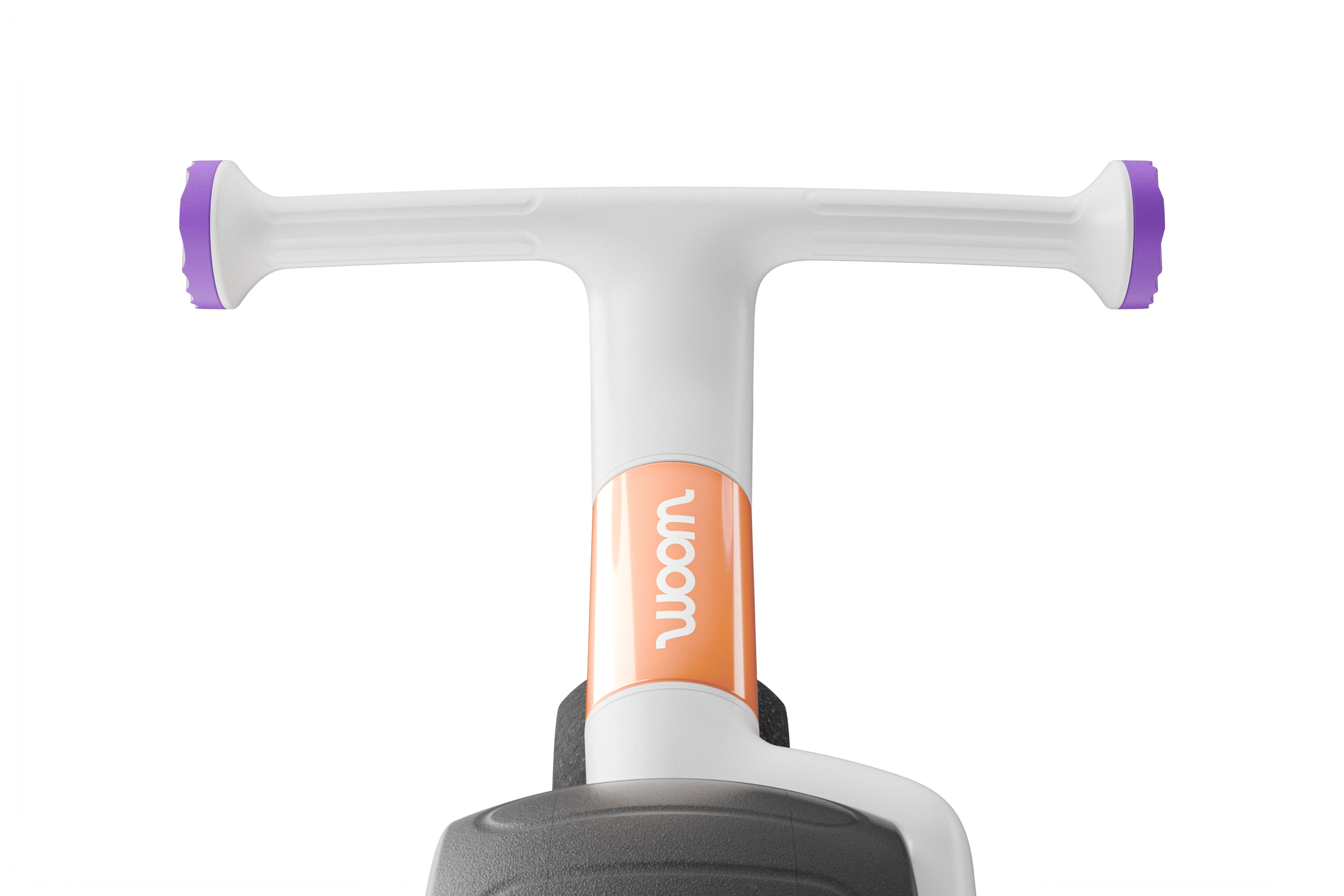Front view focusing on woom WOW handlebars with contrasting grip ends, white woom logo on front & tires with indentations.