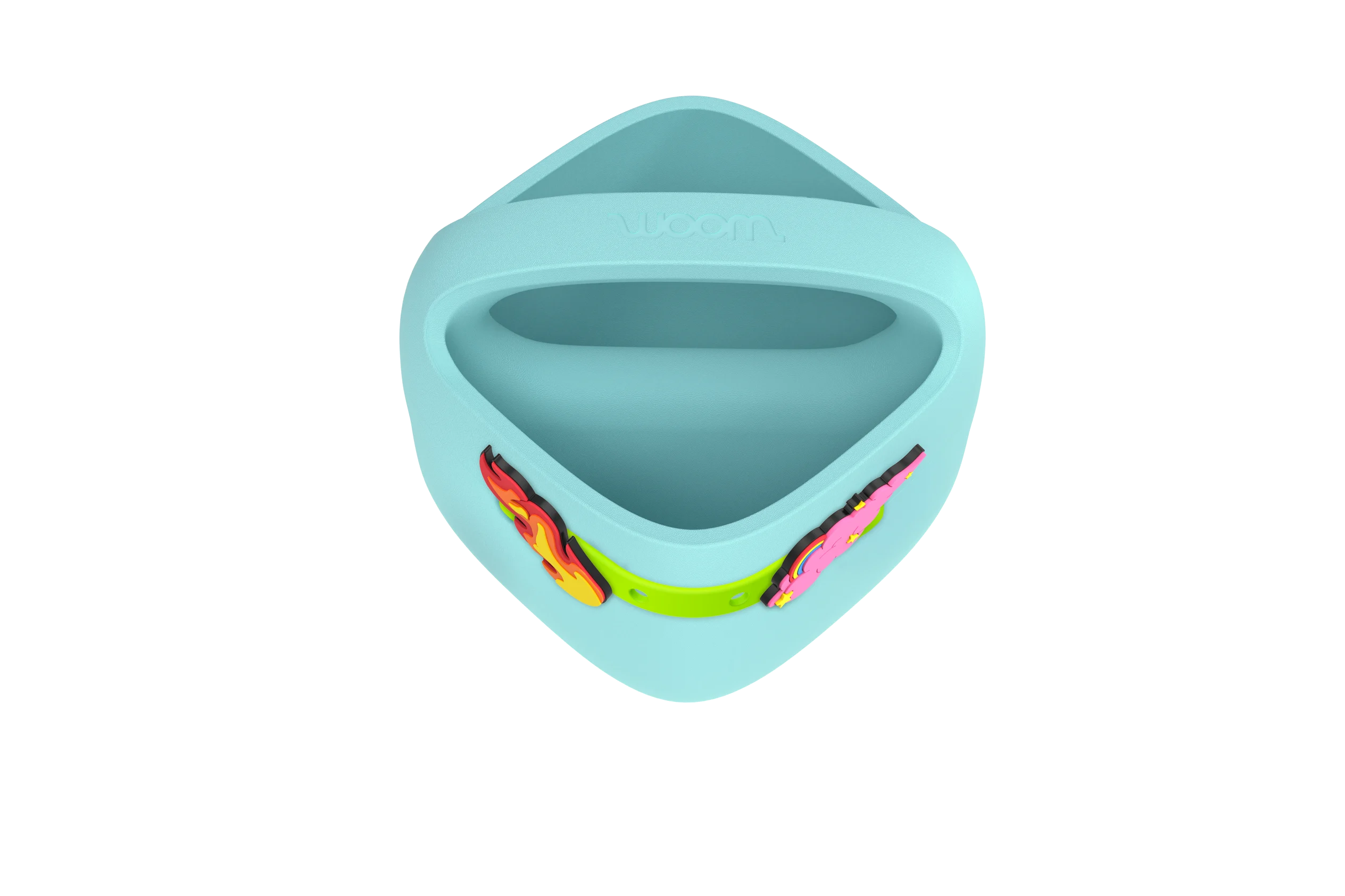 Purple woom POP Kids' Bike Basket with neon-green POP LOOPS Straps and colorful flame and cloud POP ONS charms.