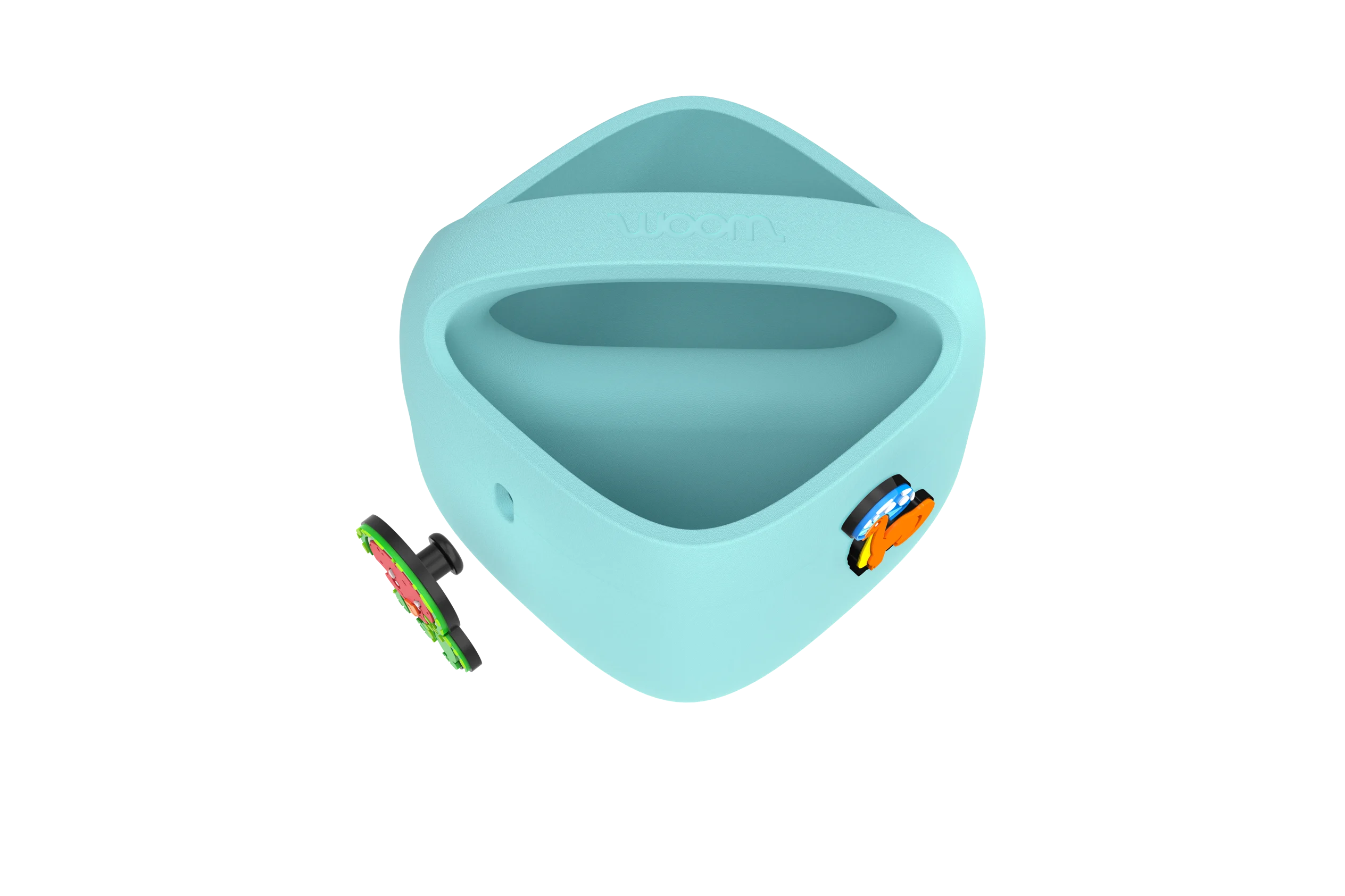 Purple woom POP Kids' Bike Basket with a POP ON charm being pushed into an opening on the side.